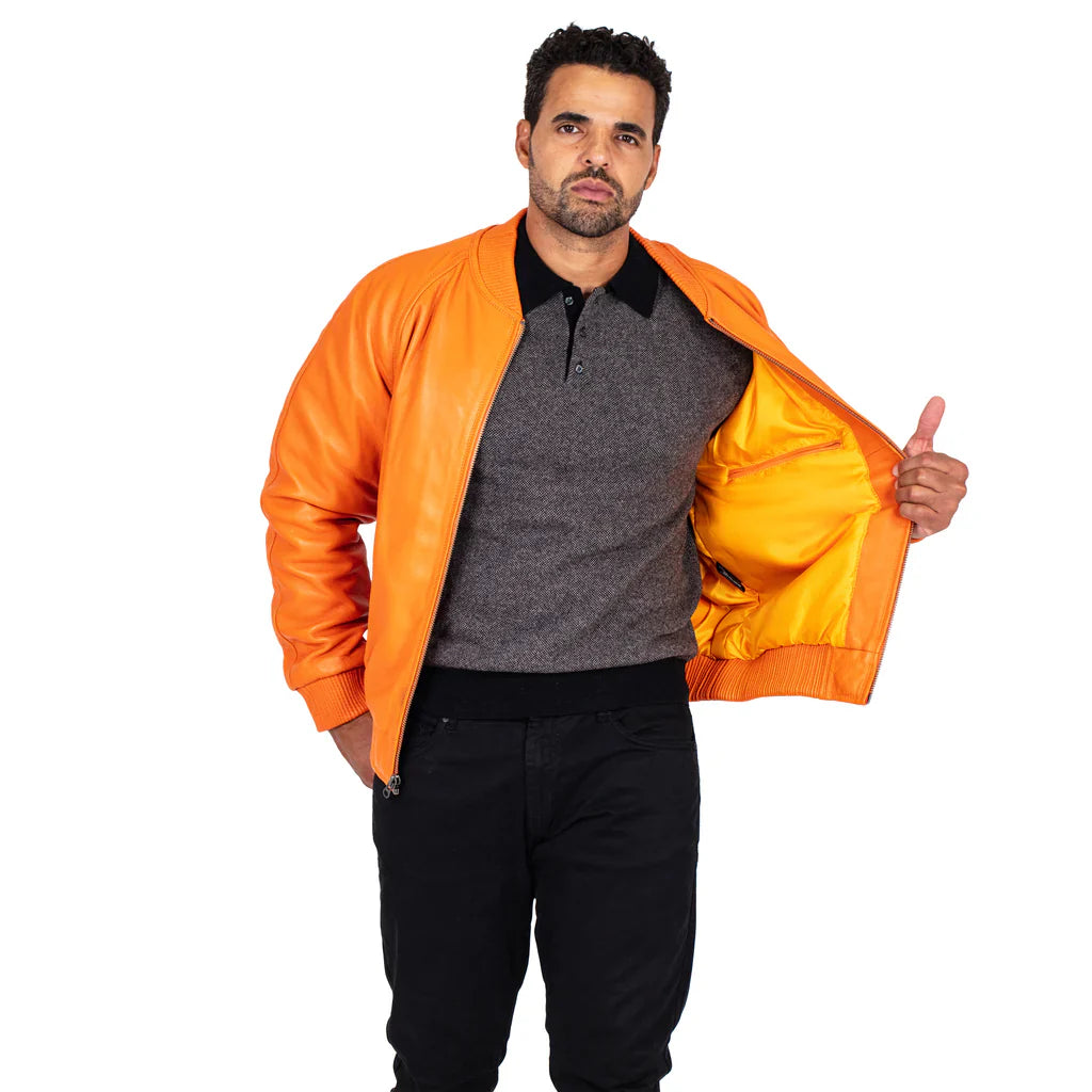 Jakewood Genuine Lambskin Leather Baseball Varsity Orange Jacket 