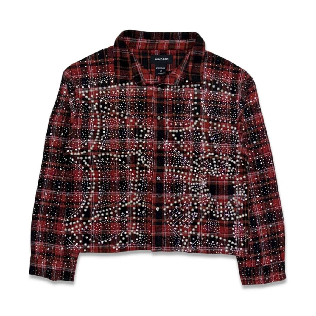 Kindred Cropped Rhinestone Pearl Flannel Shirt