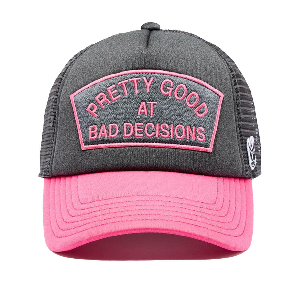 Cult Good at Bad Decisions Grey/Pink Trucker Hat.