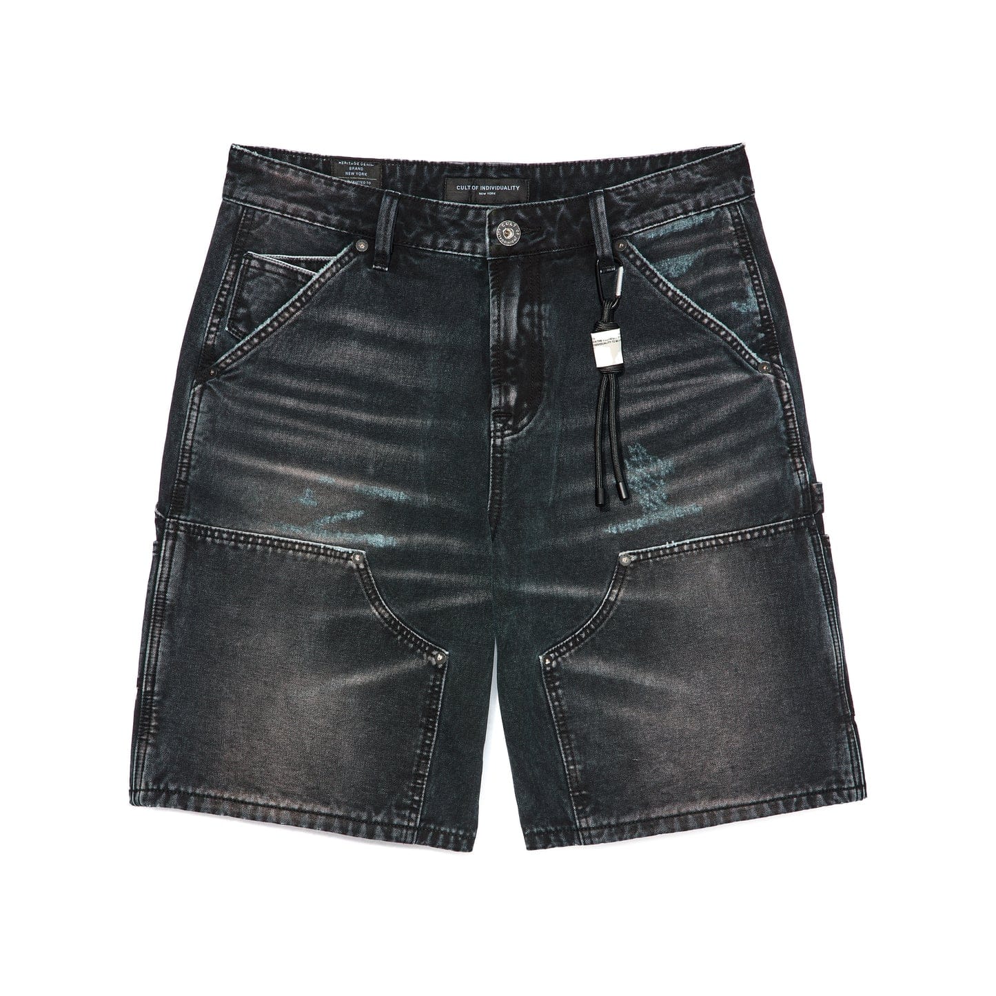 Cult of Individuality black canvas carpenter shorts with denim style, featuring multiple pockets and rugged design.