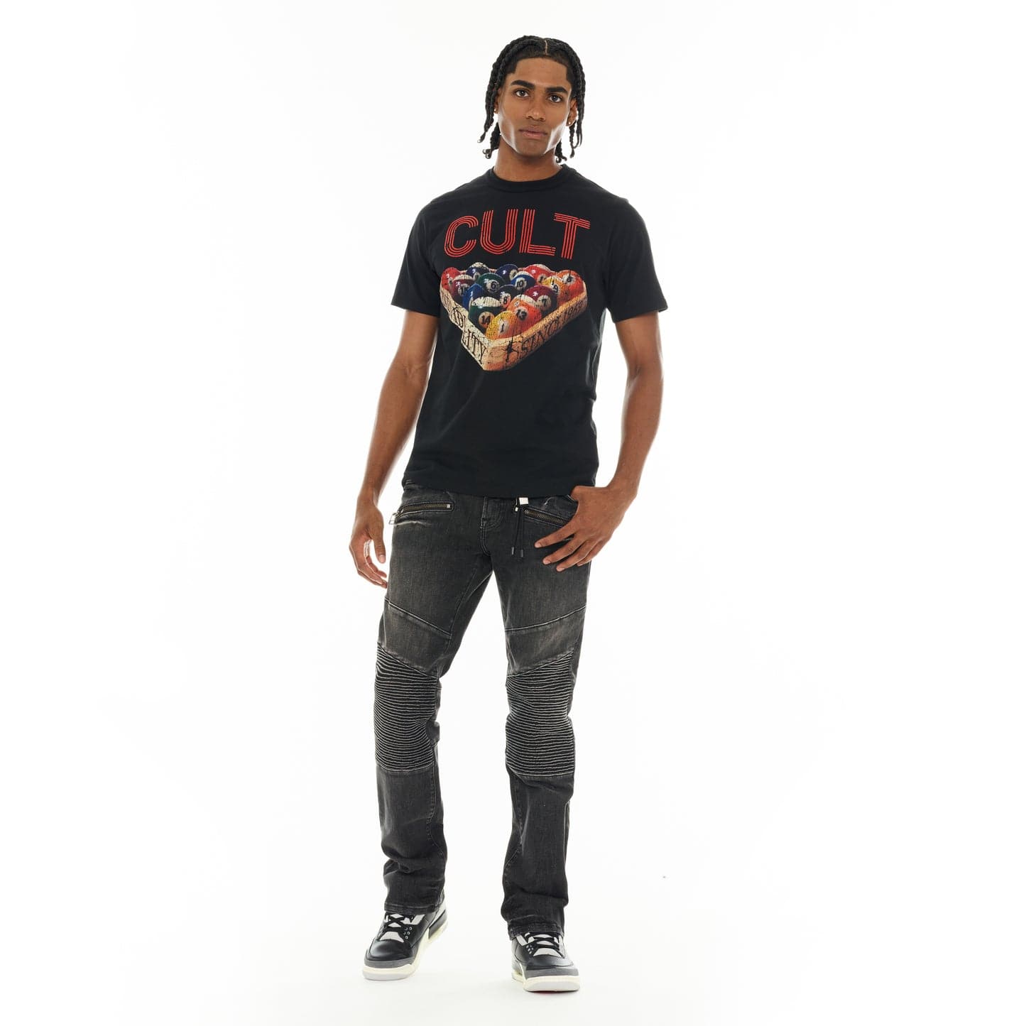 Cult of Individuality heavyweight short sleeve billiards T-shirt in black, featuring a casual fit and billiards-themed graphic design.