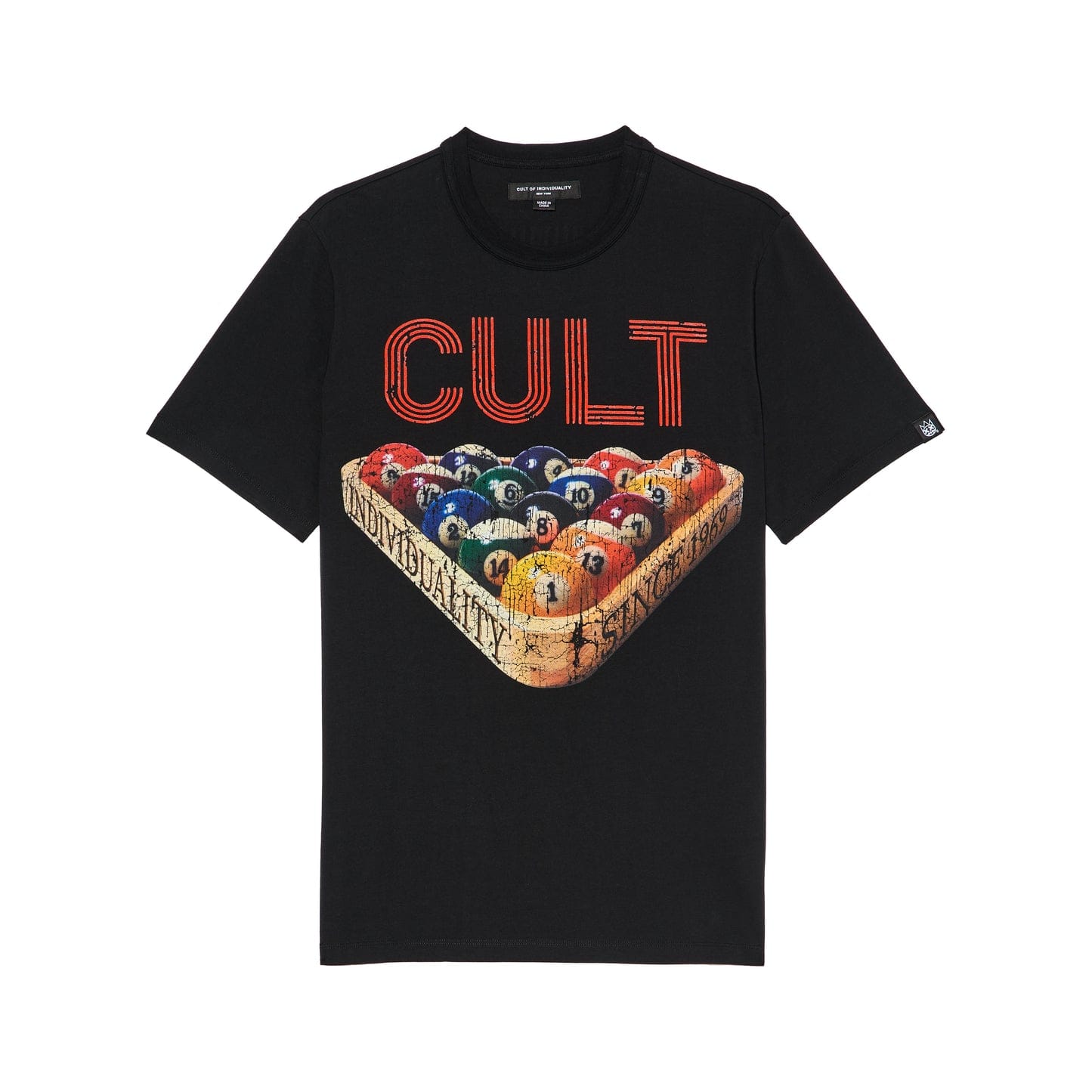 Cult of Individuality heavyweight short sleeve billiards T-shirt featuring bold graphics and a comfortable fit.