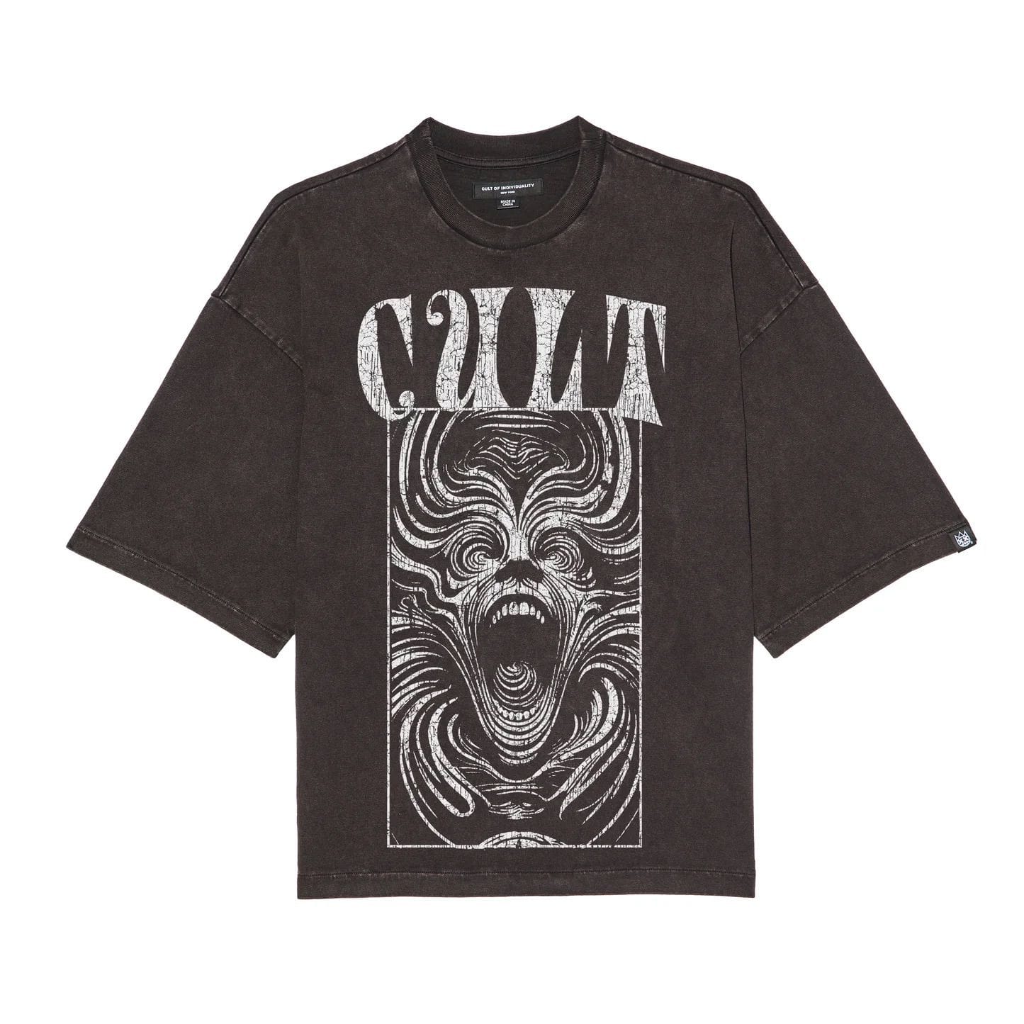 Black Cult of Individuality oversized T-shirt with "Lose Your Mind" graphic print on front, casual fit, soft fabric.