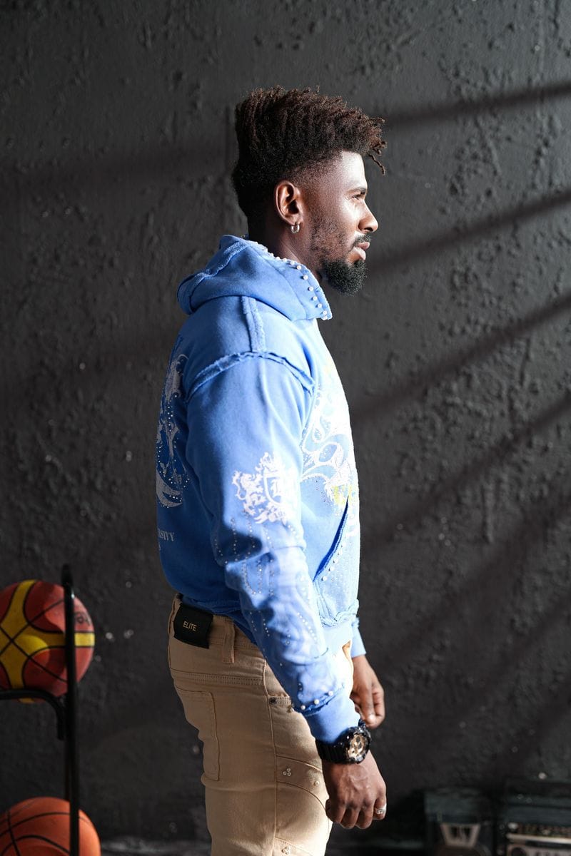 Elite Hoodies Elite Saints Blue Washed Rhinestone Premium Mens Hoodie + Pearls Elite Saints Blue Washed Rhinestone Premium Mens Hoodie + Pearls
