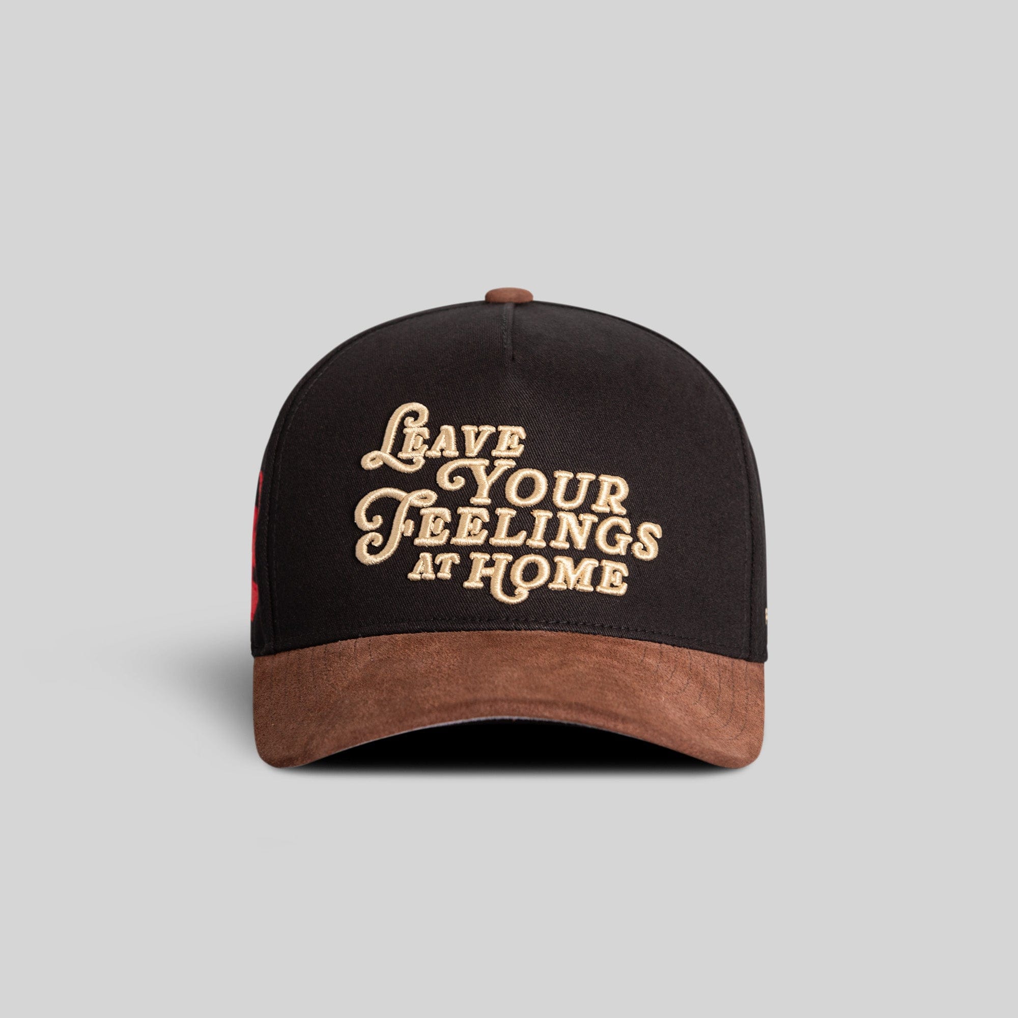 Black Mocha twill and suede trucker hat by Field Grade, featuring a classic structured design with mesh backing.