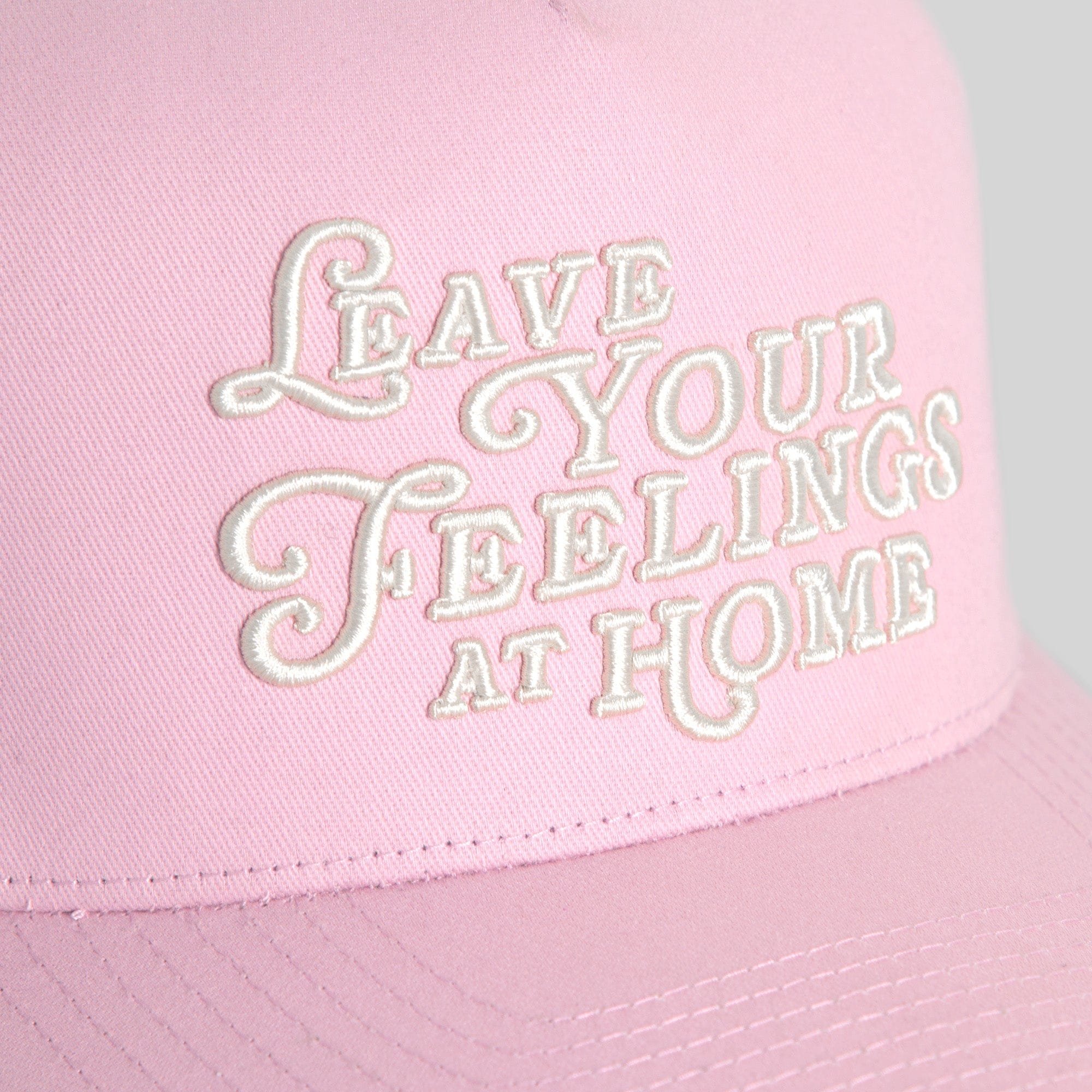 Field Grade Leave Your Feelings Rose Wool Trucker Hat with embroidered patch, brown and beige color, casual style.