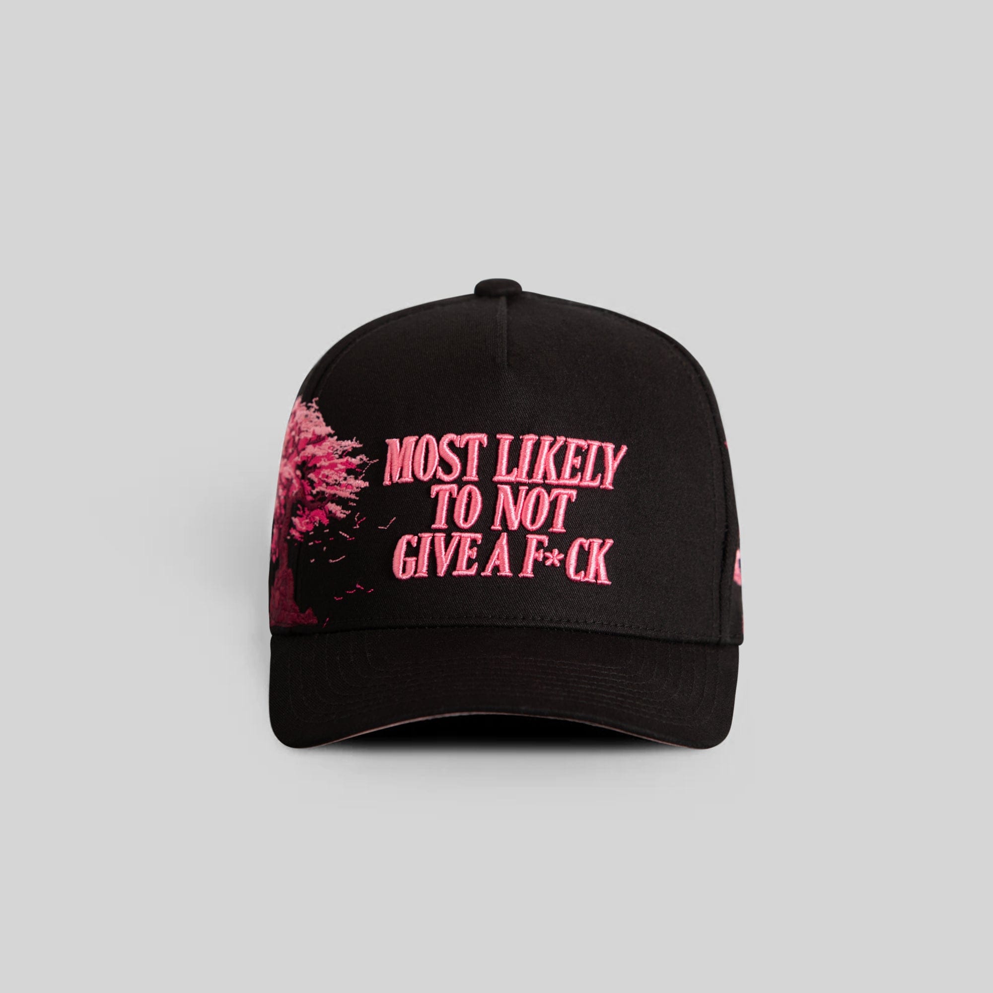 Field Grade Cherry Blossom black twill trucker hat with adjustable snapback and embroidered cherry blossom design.