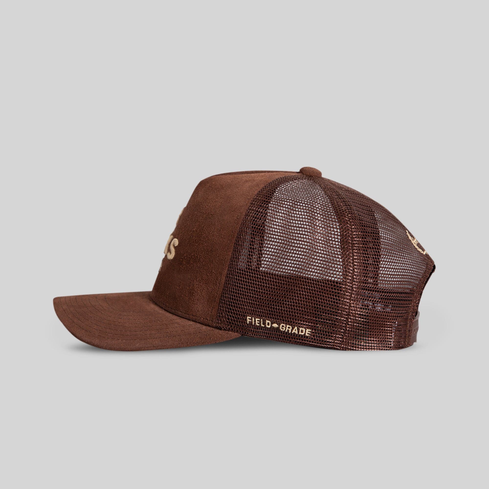 Field Grade No F*cks Given mocha suede mesh trucker hat with adjustable brim and breathable mesh back for casual style.