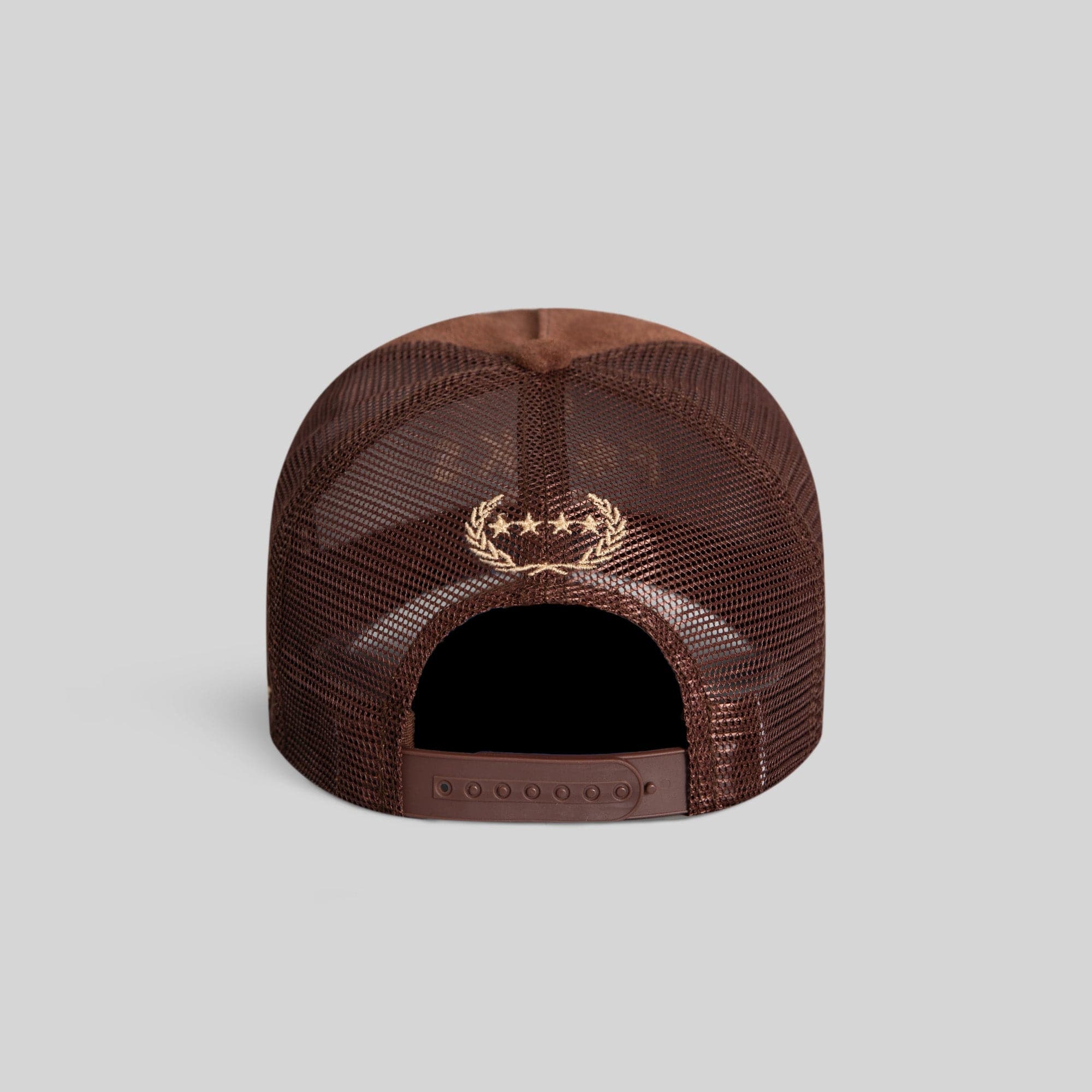 Field Grade No F*cks Given mocha suede mesh trucker hat with a structured brim and adjustable snapback closure.