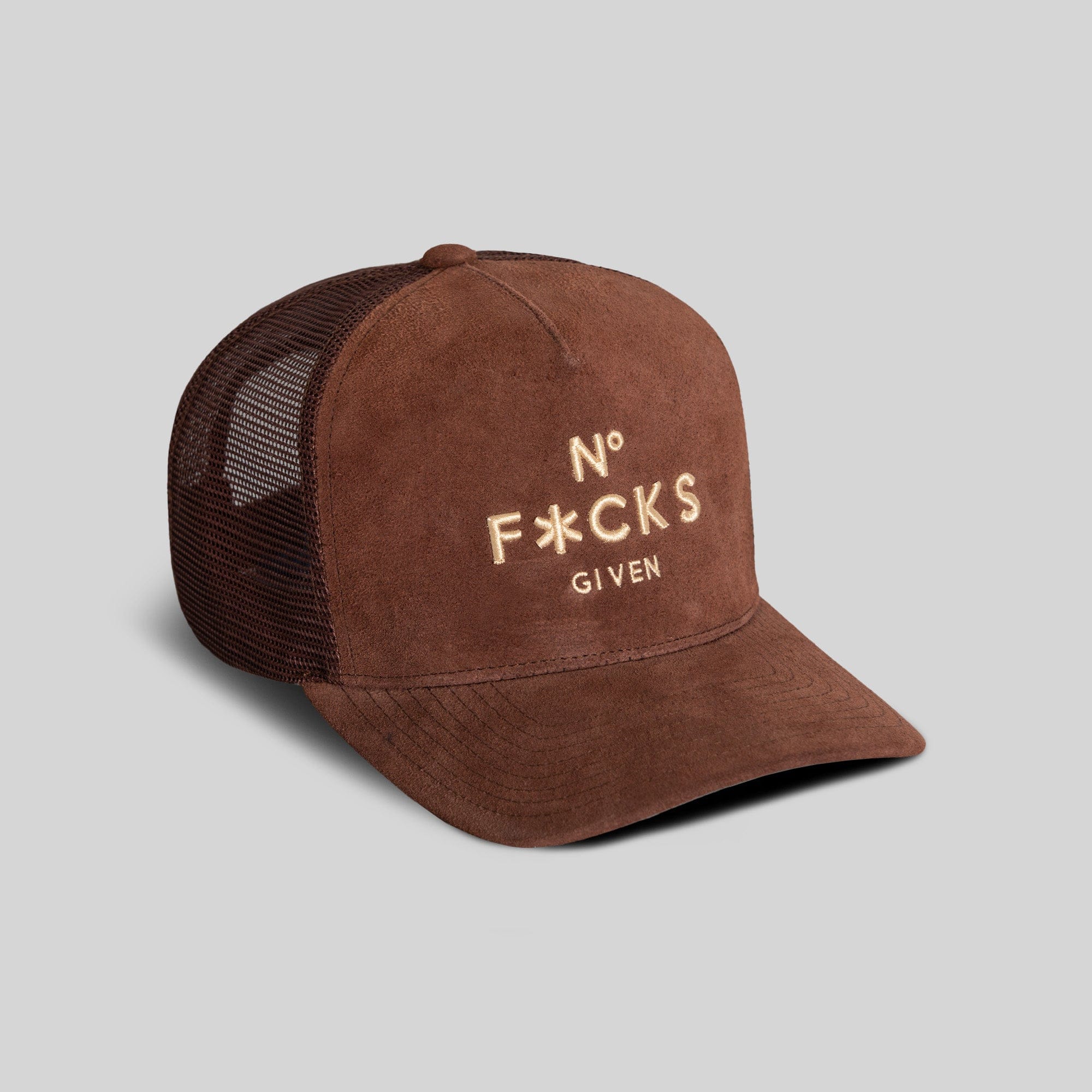Field Grade No F*cks Given Mocha suede mesh trucker hat with embroidered front, adjustable snapback, and breathable mesh panels.