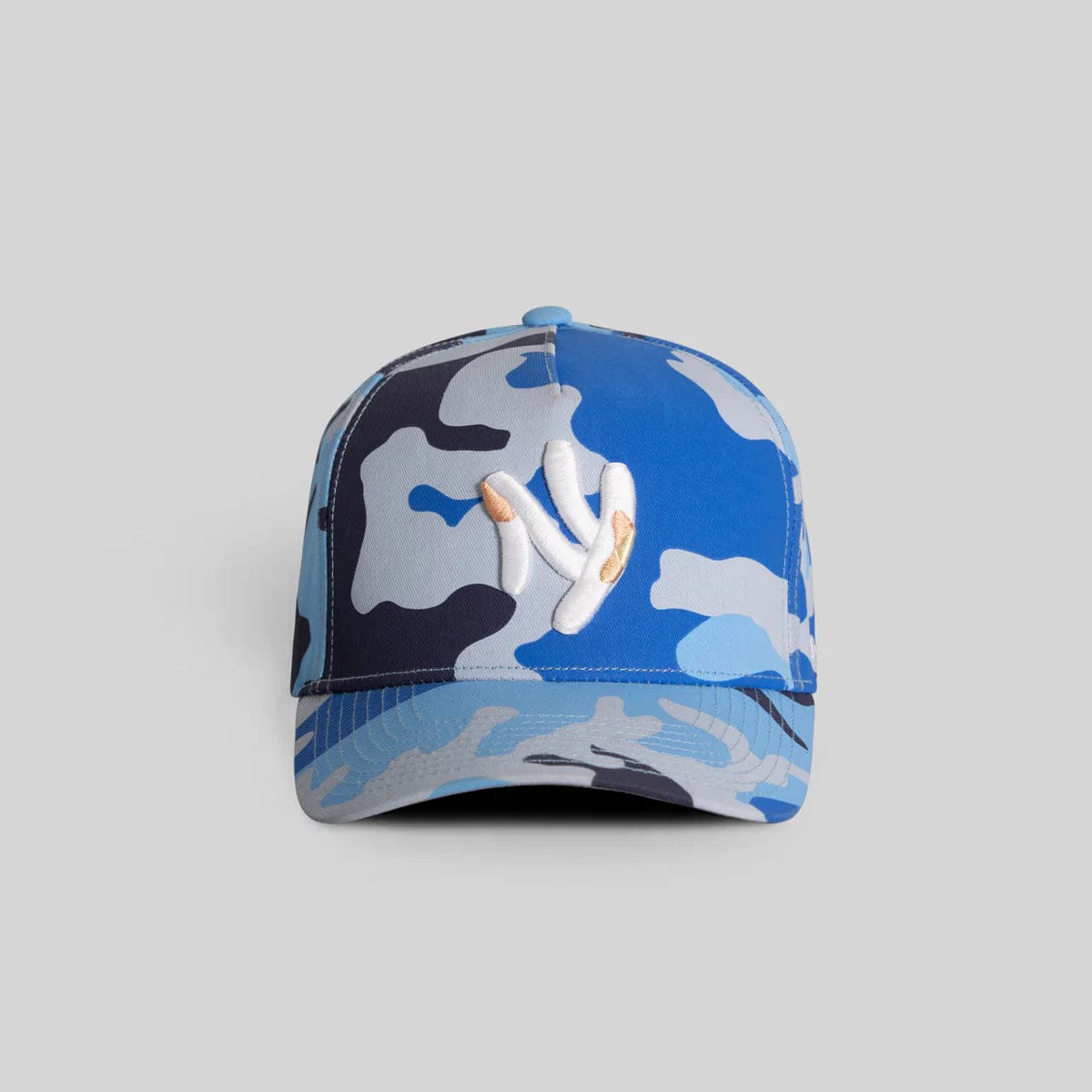 Field Grade Yankee Camo Ice Blue hat featuring camouflage pattern and adjustable strap, designed for outdoor and casual wear.