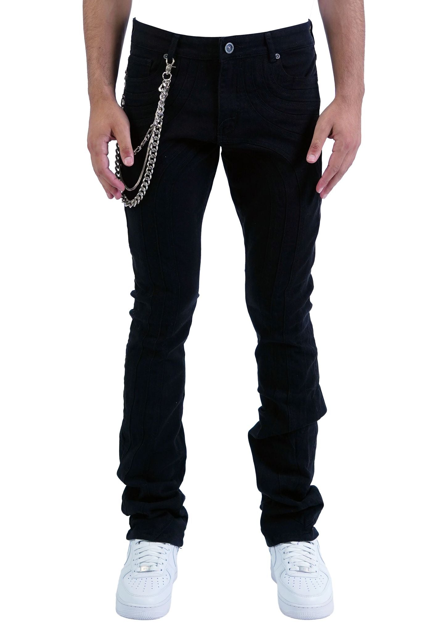 focus black stacked jeans w/ chain 