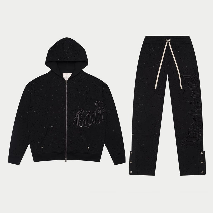 Black Godspeed OG Logo VVS Sweatsuit V2 set featuring a hoodie and matching sweatpants with logo details.