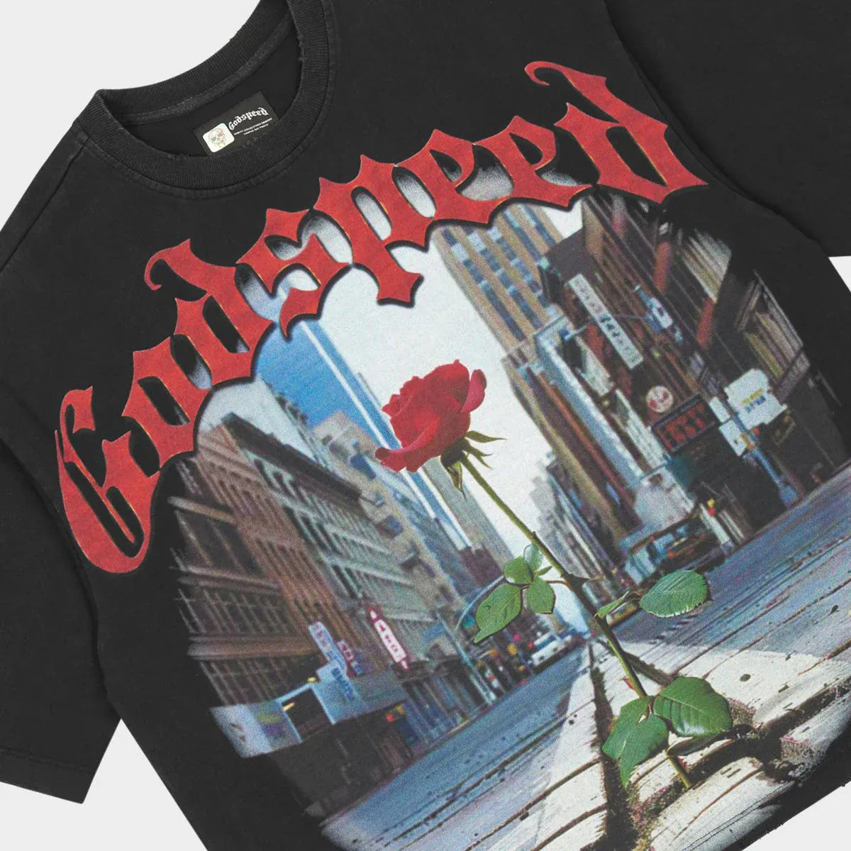 Godspeed Concrete Rose T-Shirt featuring a detailed rose graphic on soft fabric, casual streetwear style.