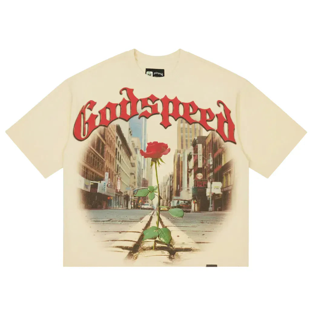 Godspeed Concrete Rose T-Shirt showing a detailed graphic of a concrete rose on a casual black fabric front.
