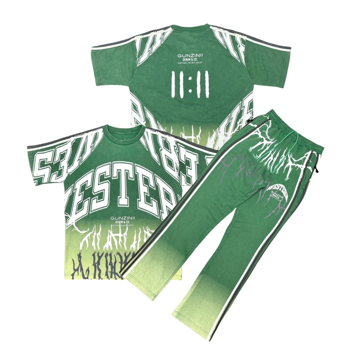 Gunzinii short sleeve jogger set in green, featuring a comfortable top and matching jogger pants, casual athletic style.