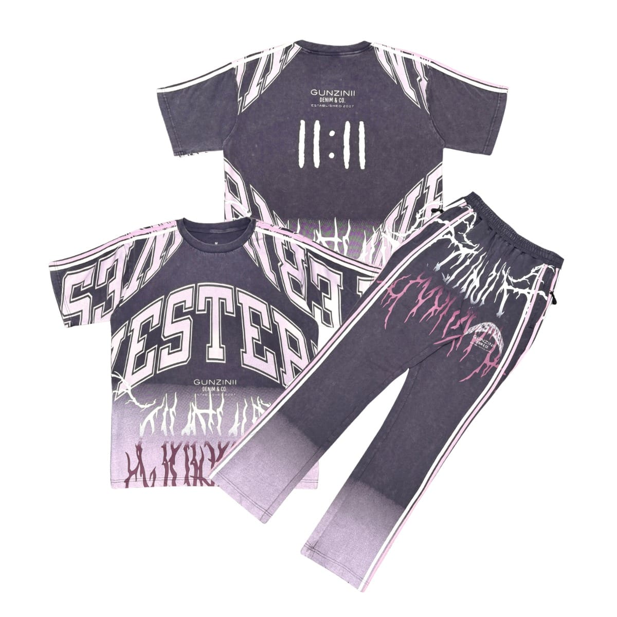 Gunzinii short sleeve jogger set in charcoal, includes a relaxed-fit top and matching jogger pants, casual and comfortable activewear.