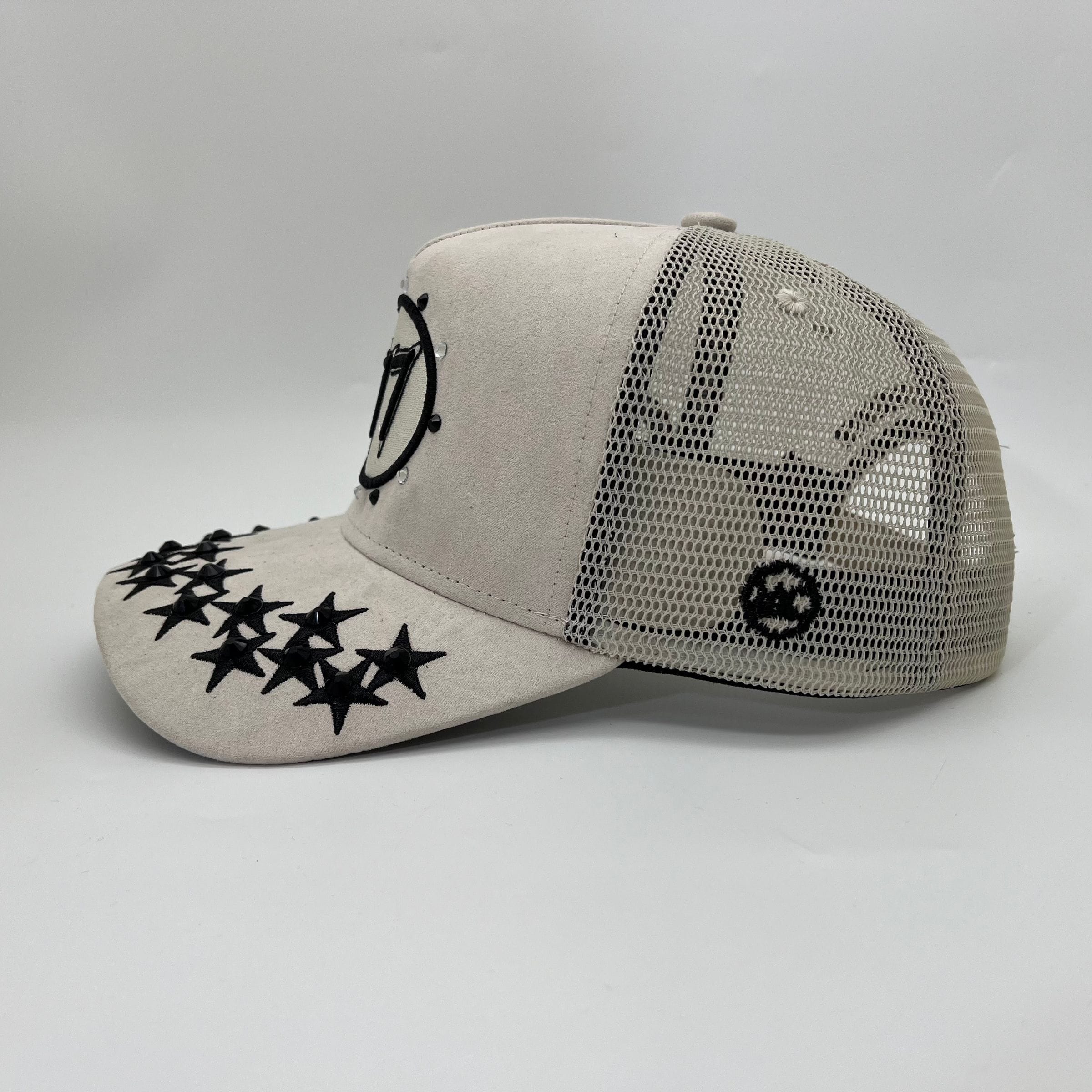 Cream Hudson Outerwear V1 Diamond Suede Trucker Hat with mesh back and adjustable strap, stylish casual headwear.