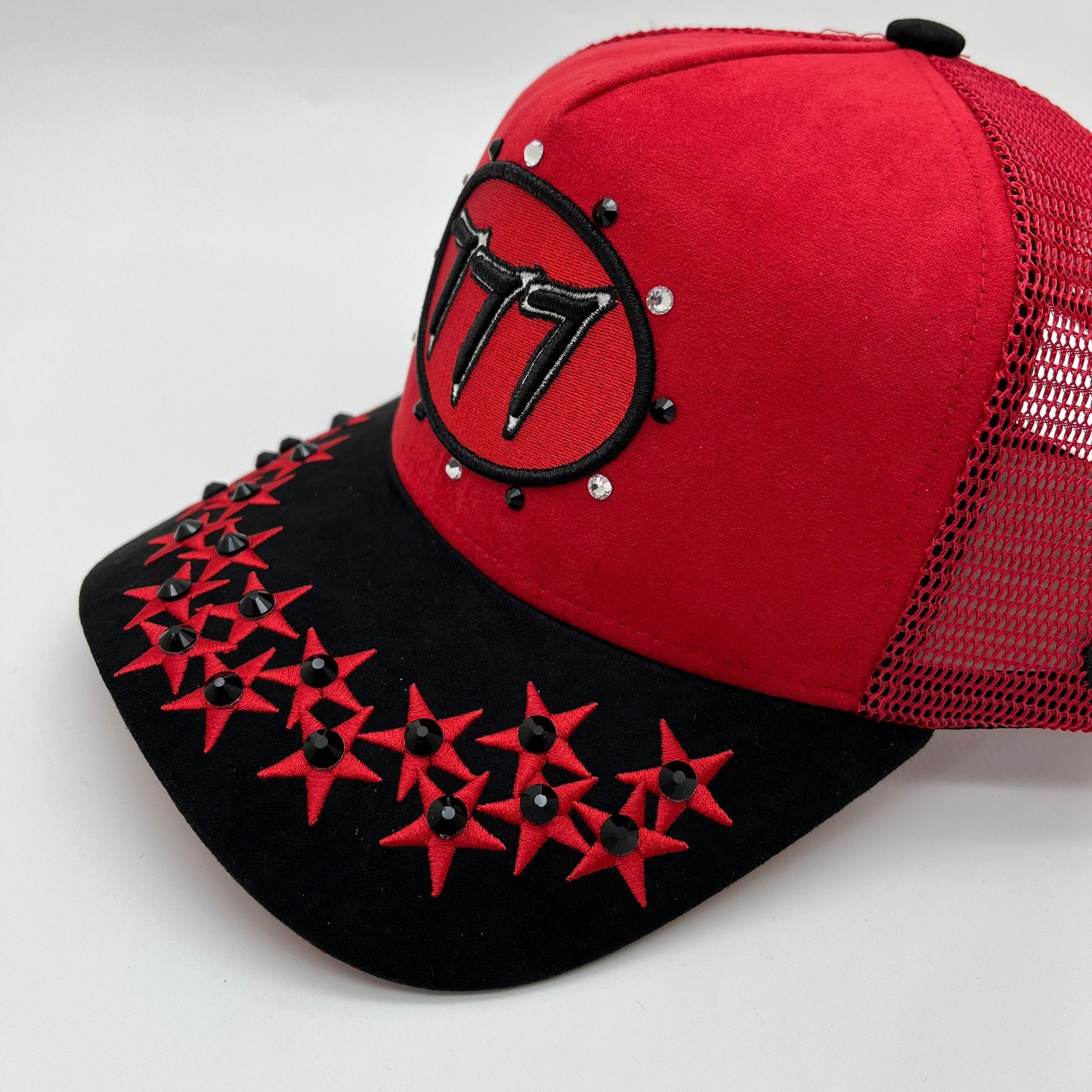 Red Hudson Outerwear V1 Diamond Suede Trucker Hat with adjustable brim and mesh back for casual outdoor wear.