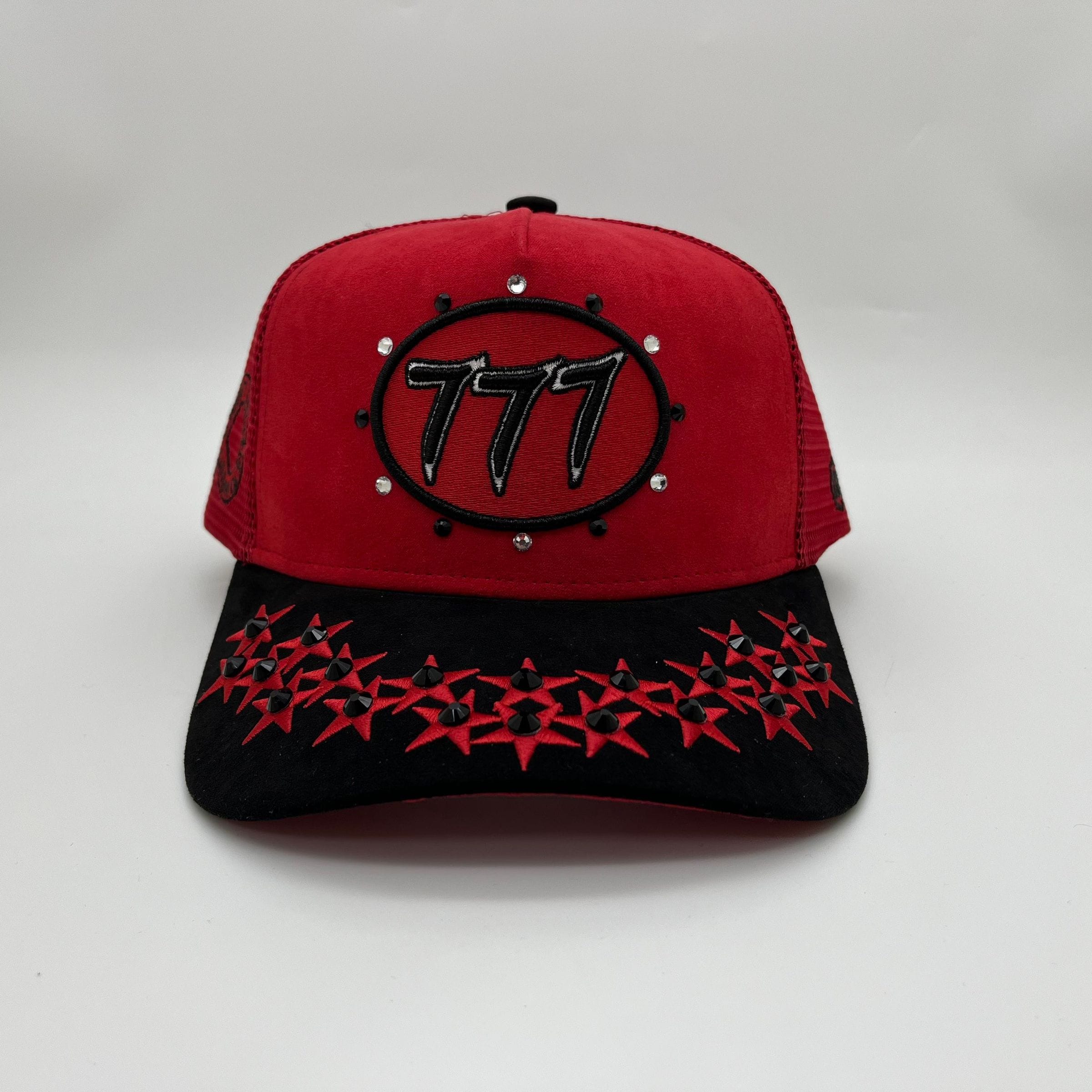 Red Hudson Outerwear V1 Diamond Suede Trucker Hat featuring a classic design and adjustable strap.