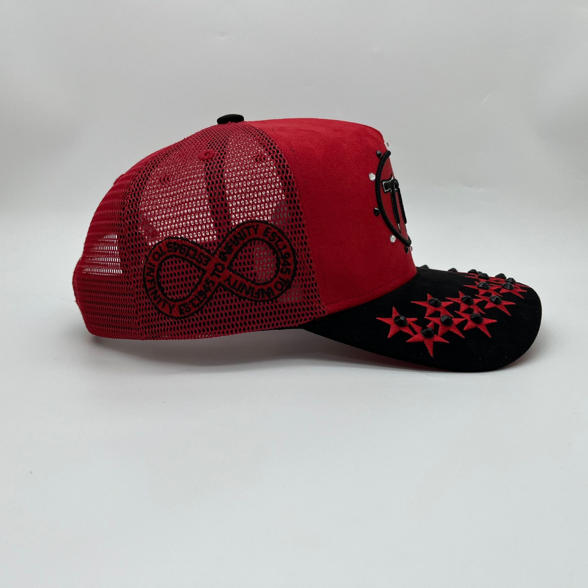 Red Hudson Outerwear V1 Diamond Suede Trucker Hat with mesh back and adjustable strap, casual outdoor headwear.