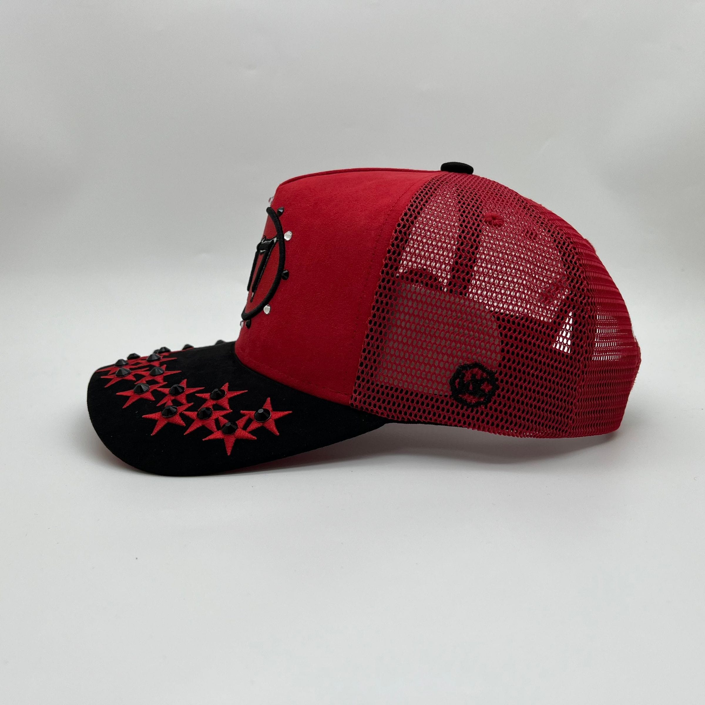 Red Hudson Outerwear V1 Diamond Suede Trucker Hat with curved brim and adjustable snapback, stylish casual headwear.