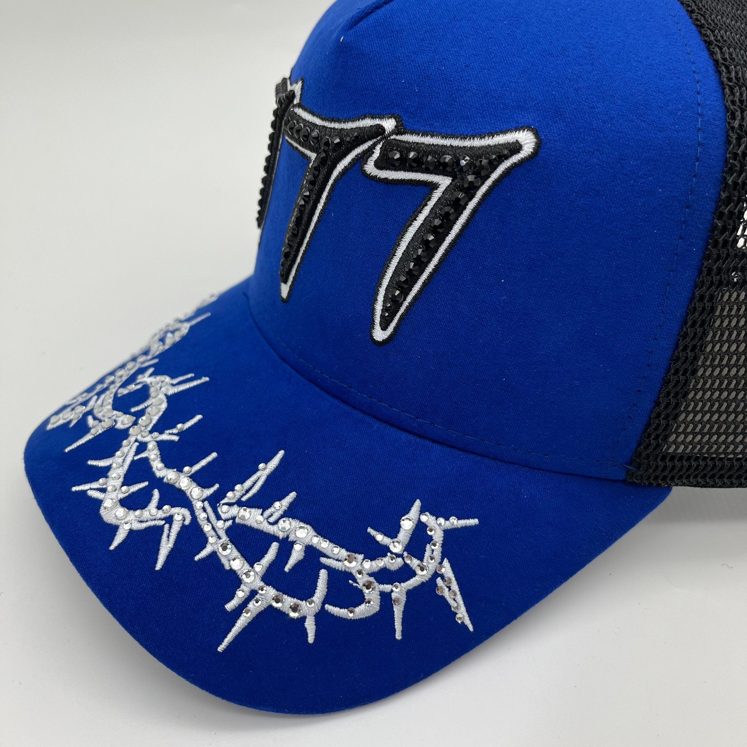 Blue Hudson Outerwear V2 Diamond Suede Trucker Hat with structured front and adjustable snapback closure.