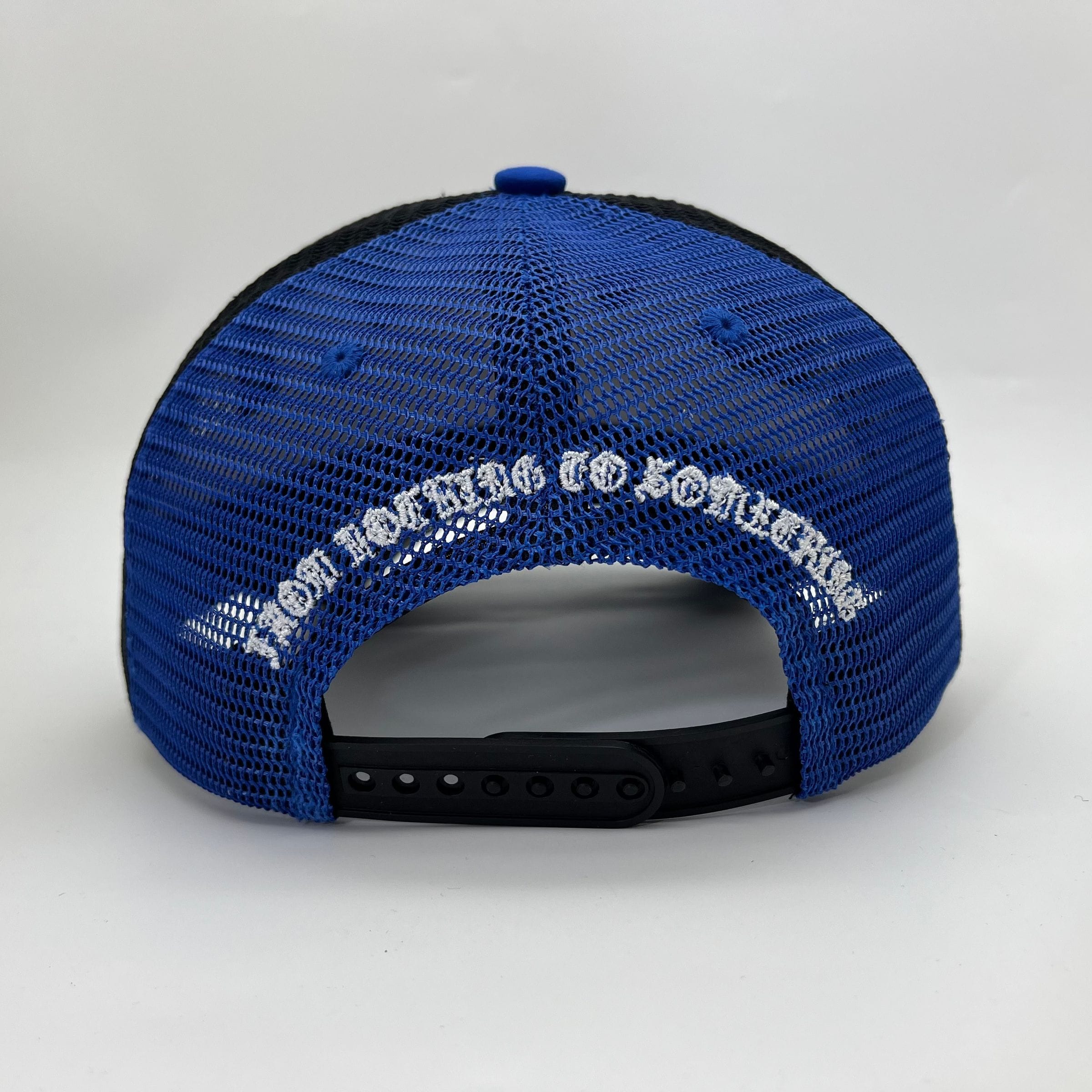 Blue Hudson Outerwear V2 Diamond Suede Trucker Hat with structured front and adjustable snapback, stylish and comfortable headwear.