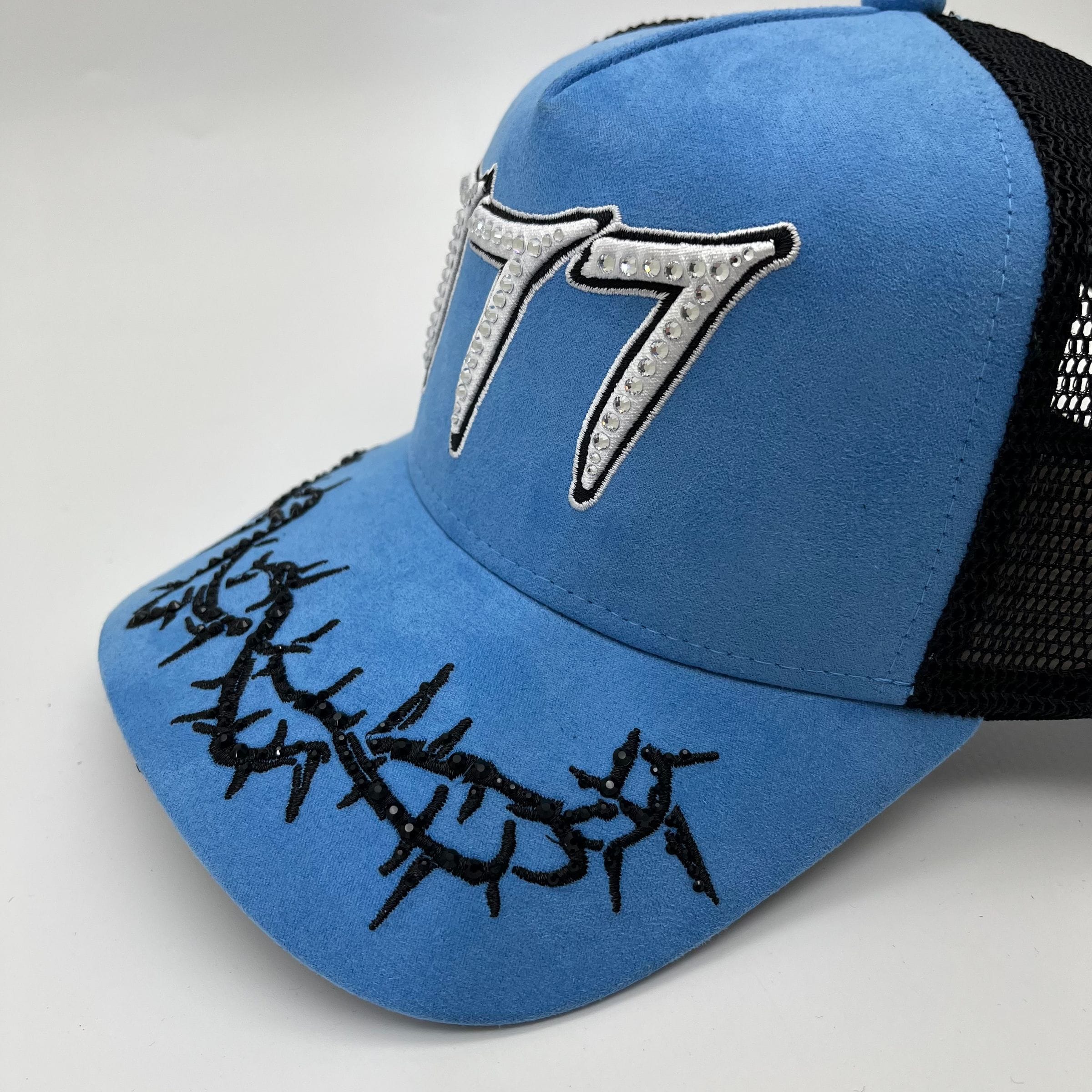 Hudson Outerwear V2 Diamond Suede Trucker Hat in university blue with mesh back and adjustable strap.
