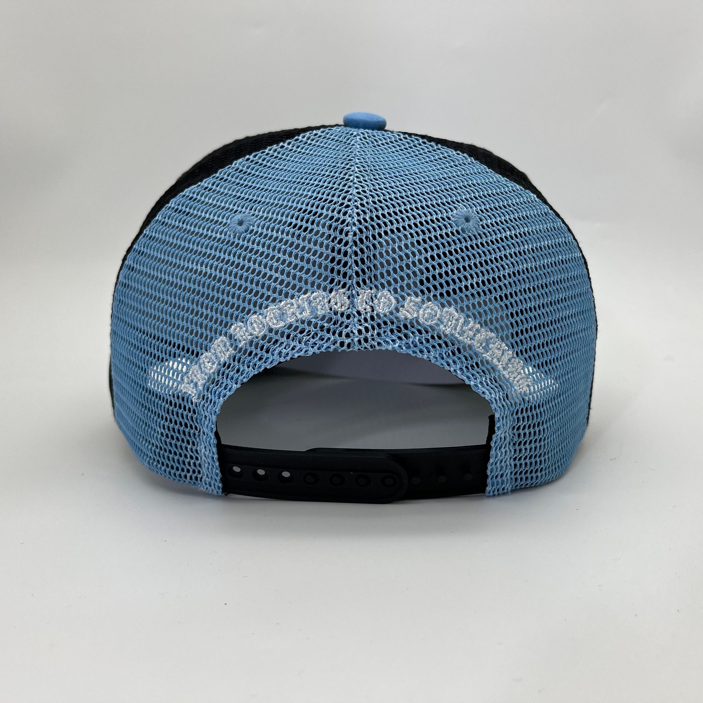 Hudson Outerwear V2 Diamond Suede Trucker Hat in University Blue, with mesh back and adjustable strap, stylish casual headwear.