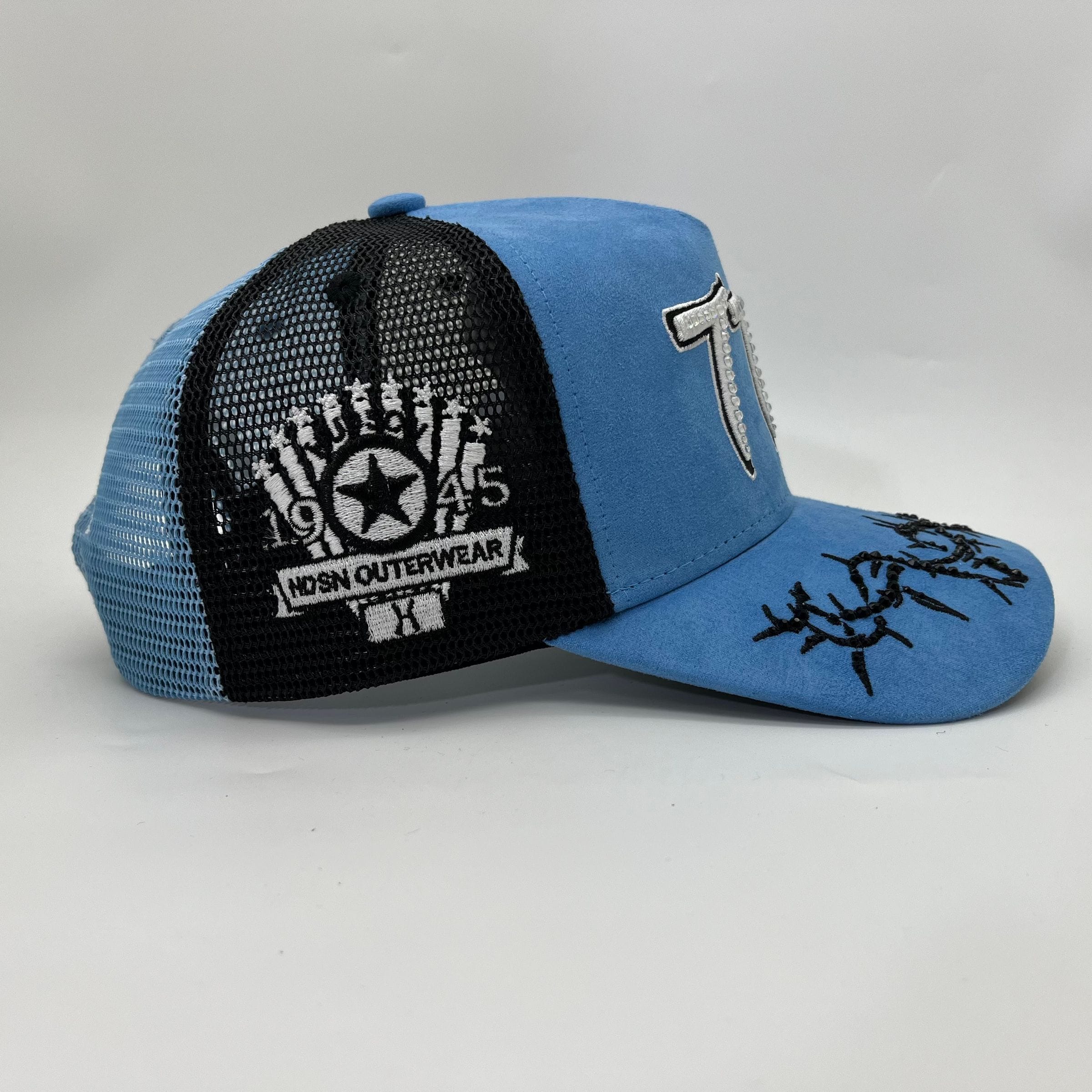 Hudson Outerwear V2 Diamond Suede Trucker Hat in University Blue, featuring a classic design with suede and mesh panels.