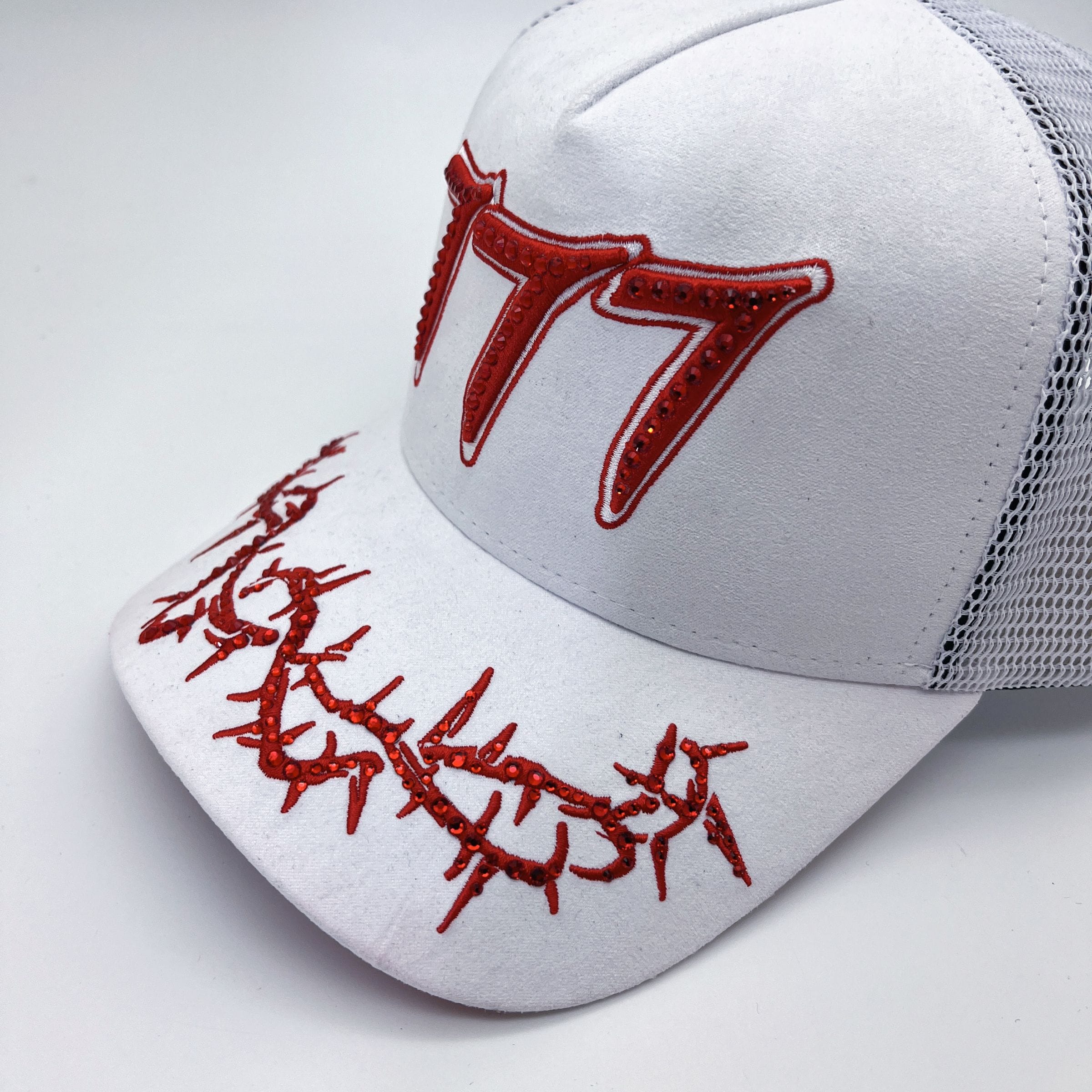 Hudson Outerwear V2 Diamond Suede Trucker Hat in white with mesh back and adjustable strap, stylish casual headwear.