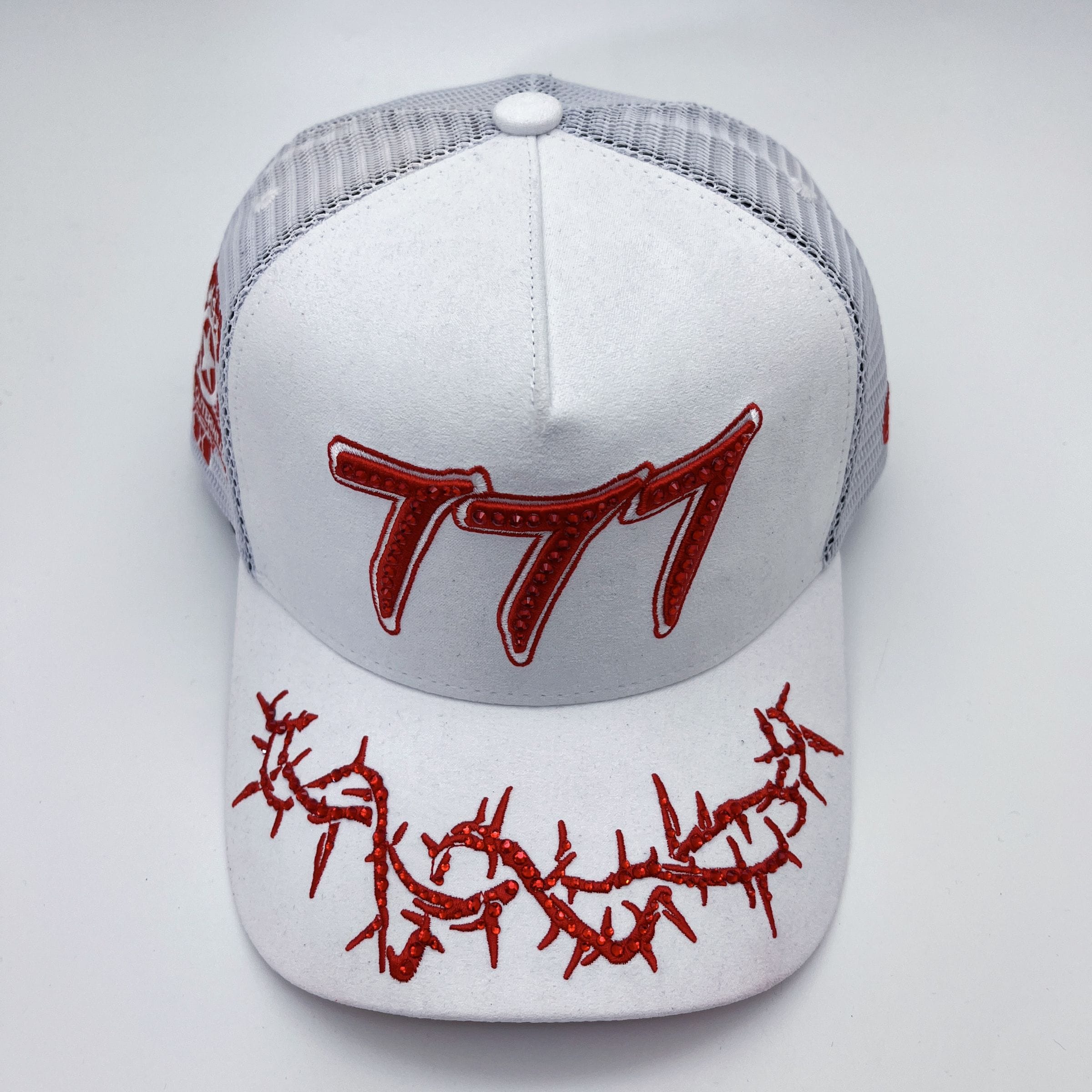 White Hudson Outerwear V2 Diamond Suede Trucker Hat with structured front panel and adjustable snapback closure.