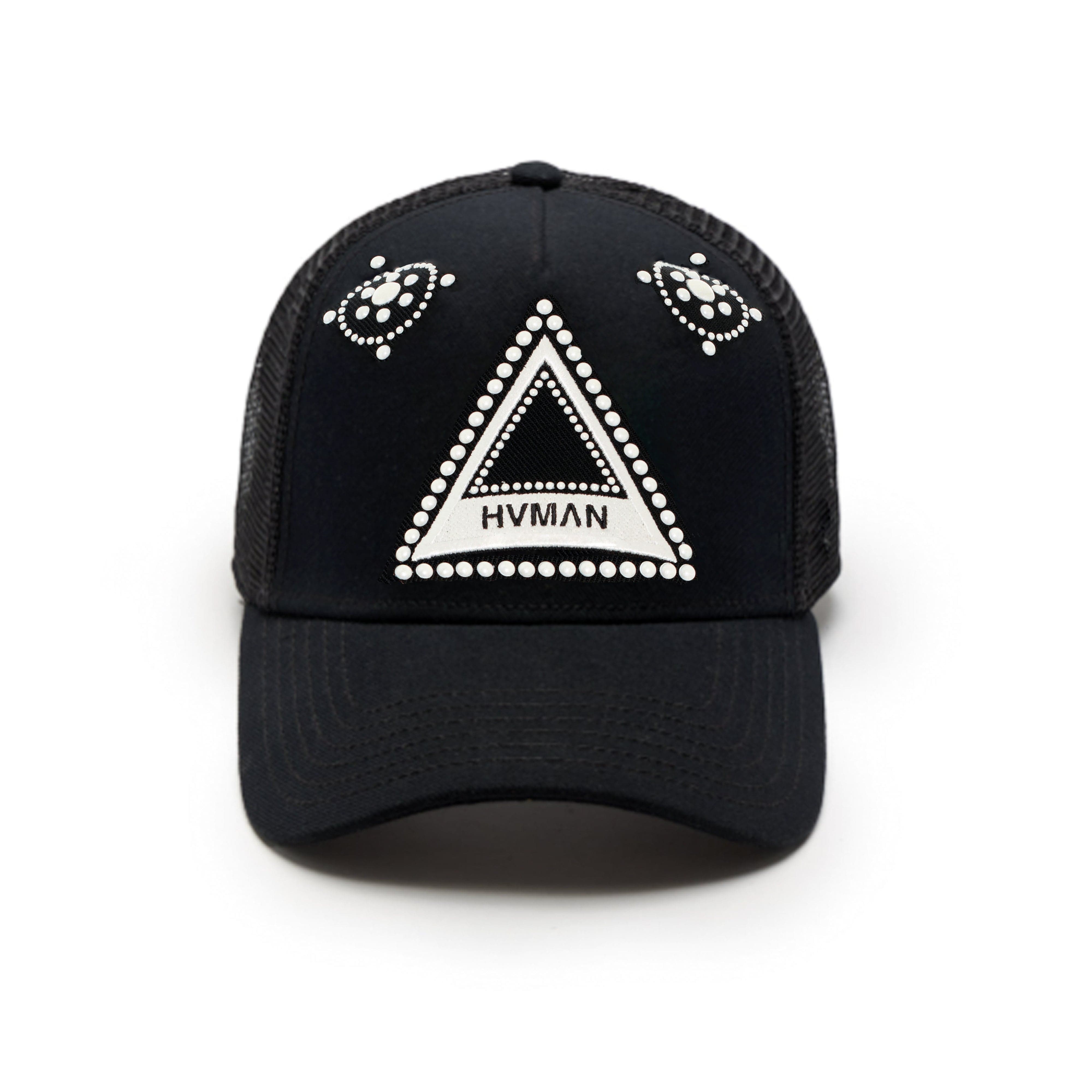 HVMAN Hat Hvman Triangle Logo Mesh Trucker Hat in Black Hvman Triangle Logo Mesh Trucker Hat in Black