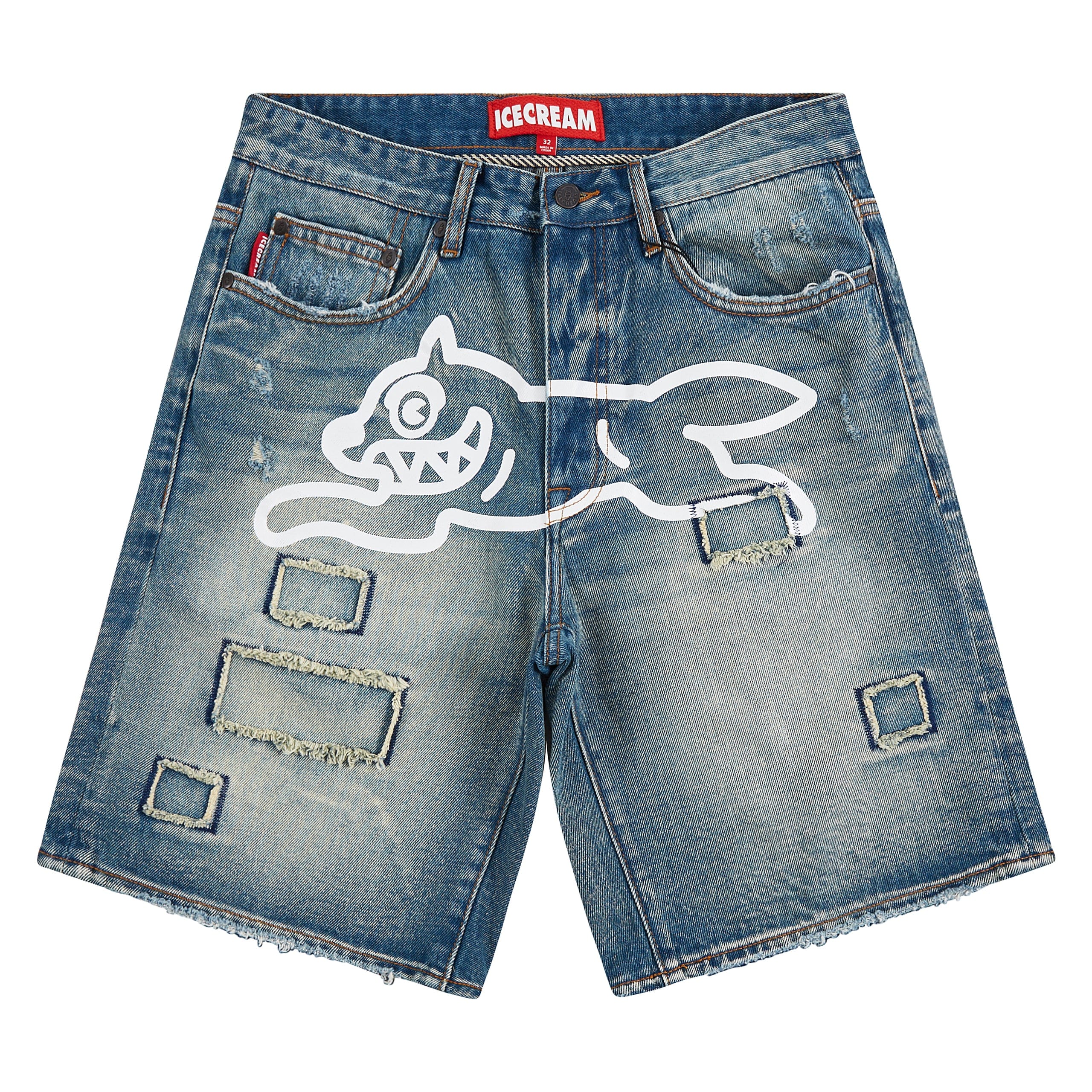 Ice Cream denim Jean shorts with distressed details and a high waist, styled for casual summer wear.