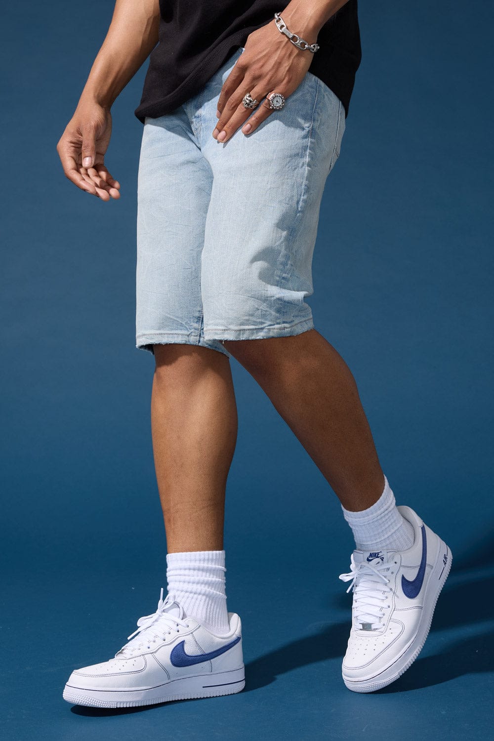 Jordan Craig OG Cascade jean shorts, casual denim shorts with distressed details and a relaxed fit, shown in a multi-color style.