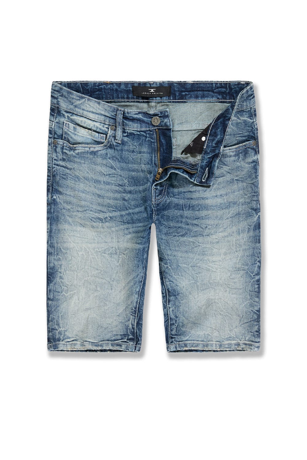 Jordan Craig OG Cascade Jean Shorts, denim with distressed details and a relaxed fit, shown from the front.
