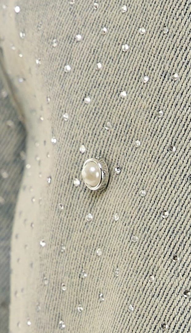 KDNK rhinestone embellished denim shorts with decorative rhinestones and frayed hem, stylish casual summer shorts.