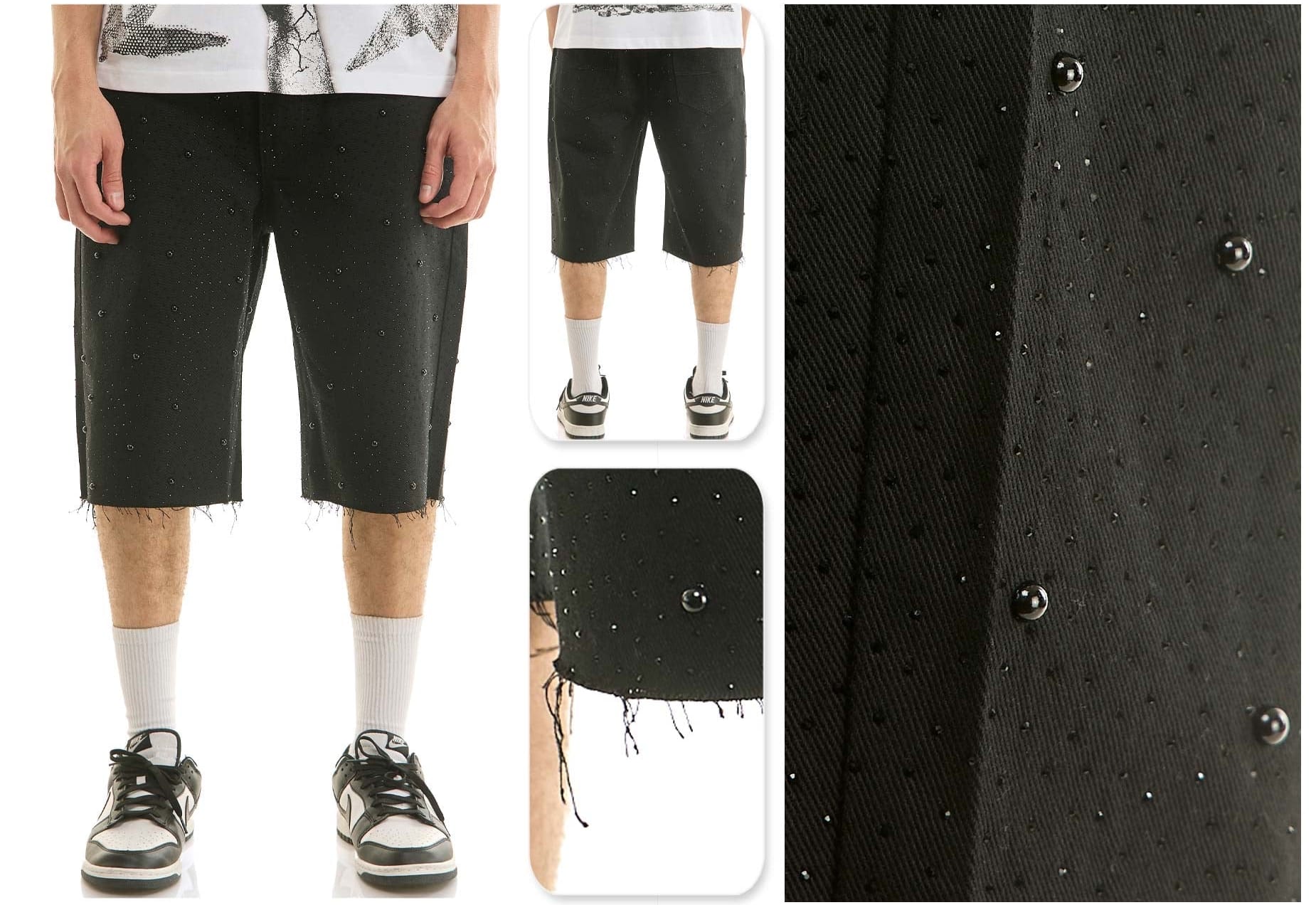 Black KDNK jean shorts with rhinestone embellishments, showcasing a stylish, fitted denim design perfect for casual wear.