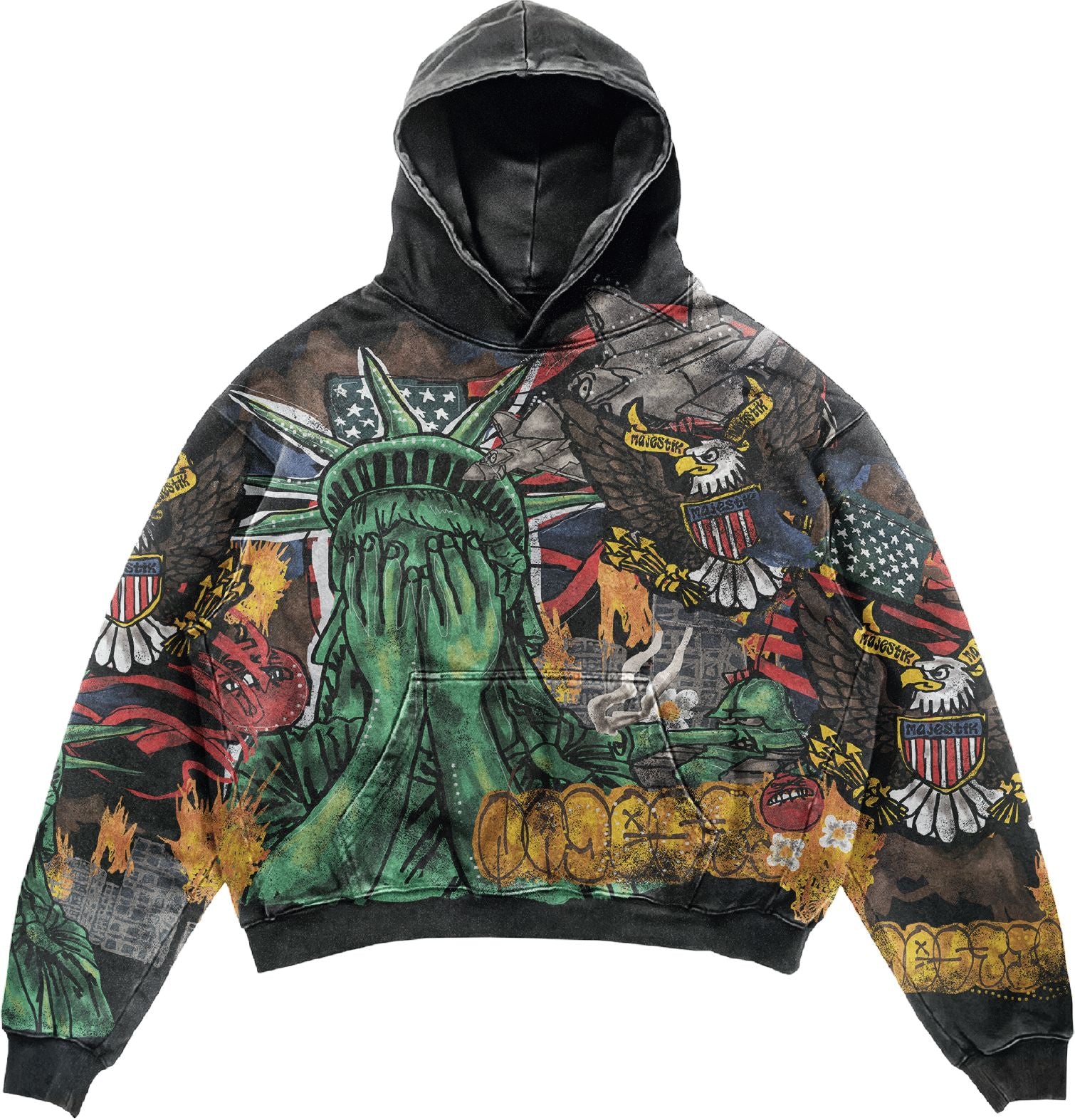 Majestik F. Terry hoodie in black showing front view with hood and drawstrings, casual streetwear style.