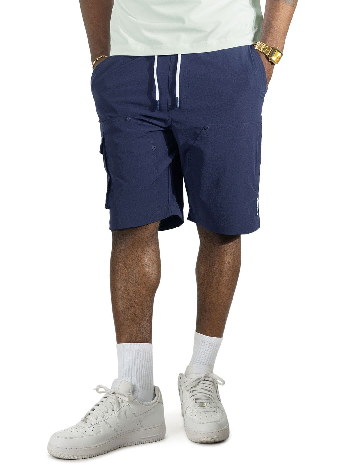 Makobi MK634 navy Adorni shorts displayed on a model, showcasing casual fit and stylish design for everyday wear.