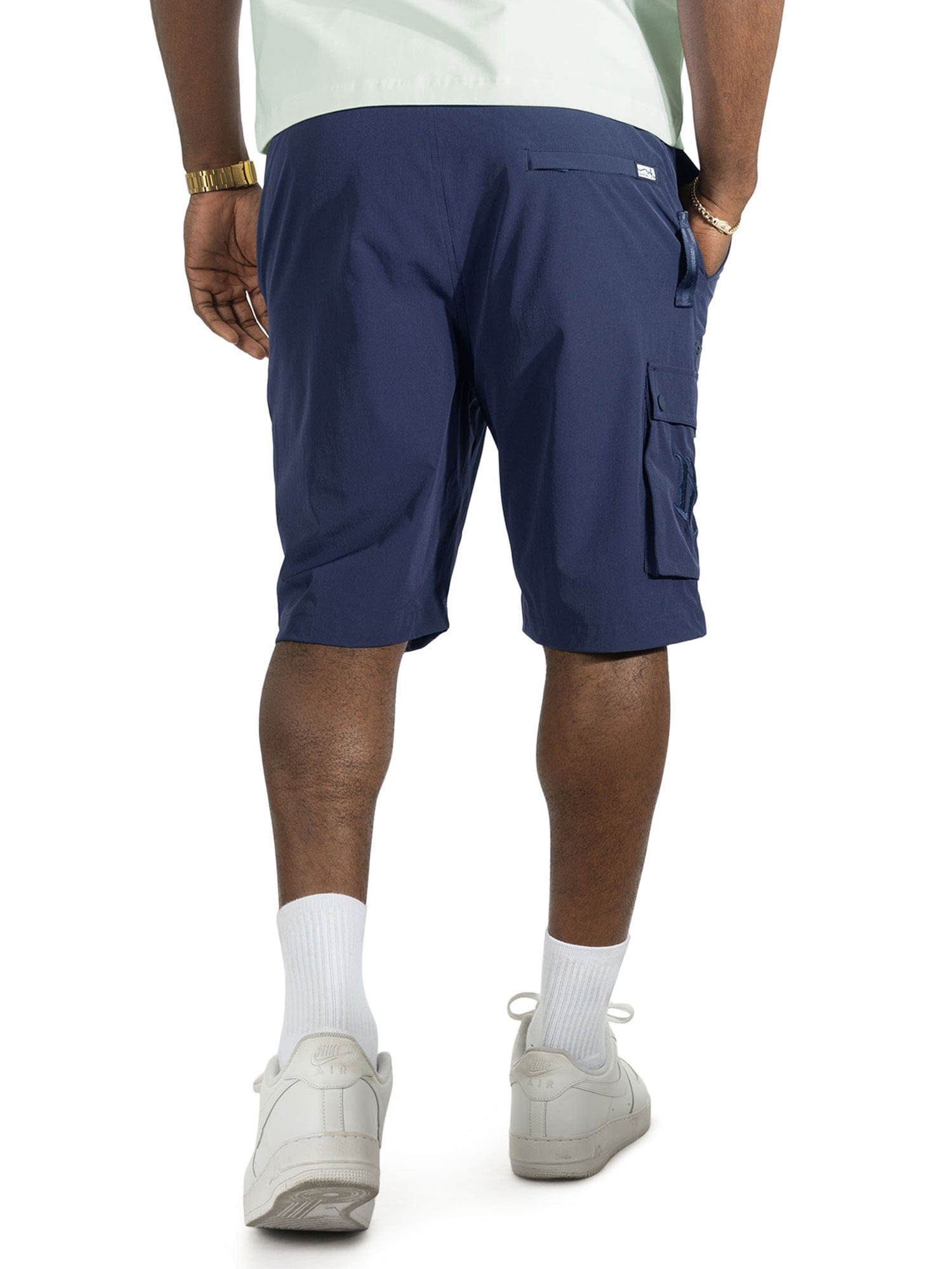 Makobi MK634 navy shorts with a relaxed fit, displayed on a model, featuring casual design and adjustable waistband for comfort.
