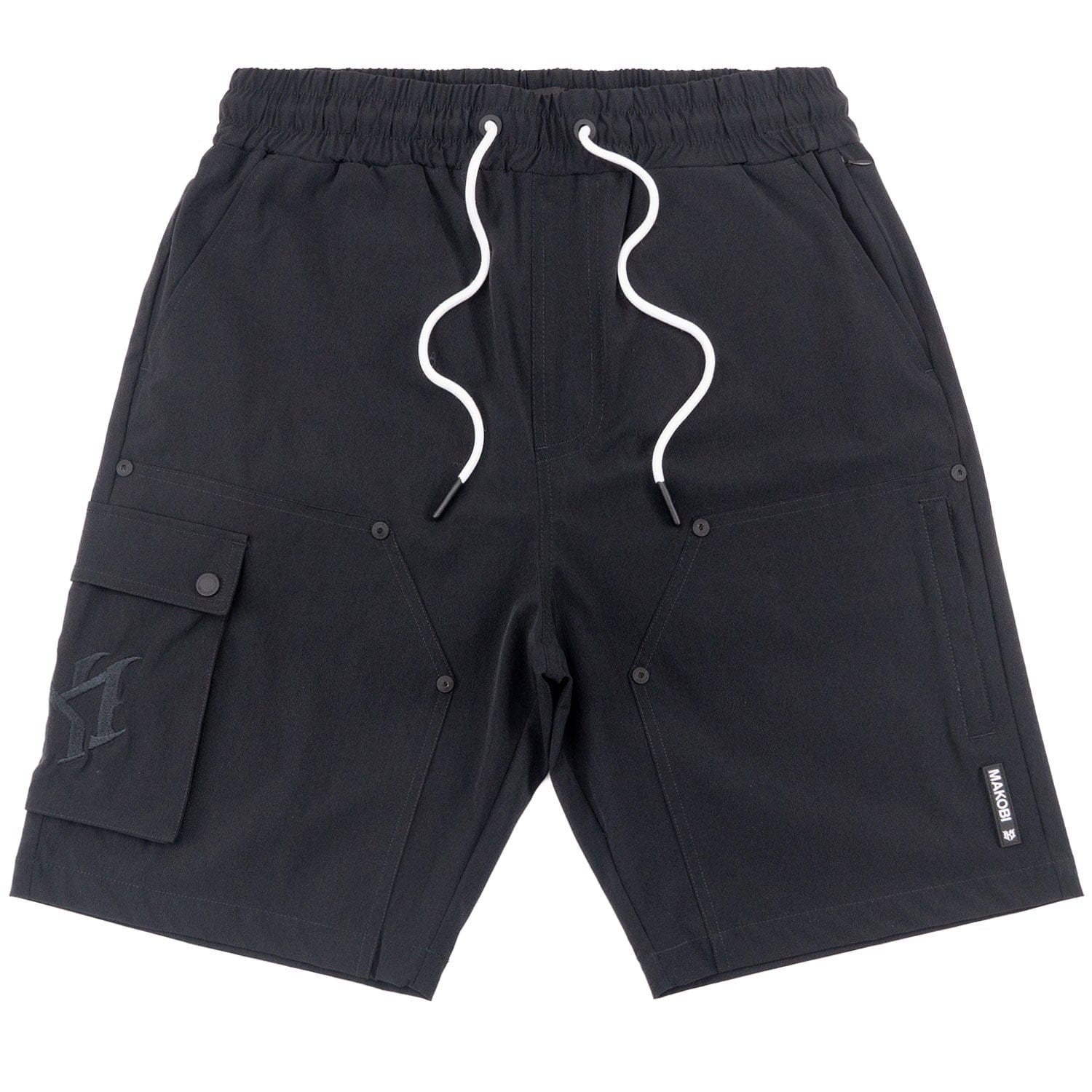 Black Makobi MK634 Adorni Shorts laid flat showing front design and waistband on a white background.