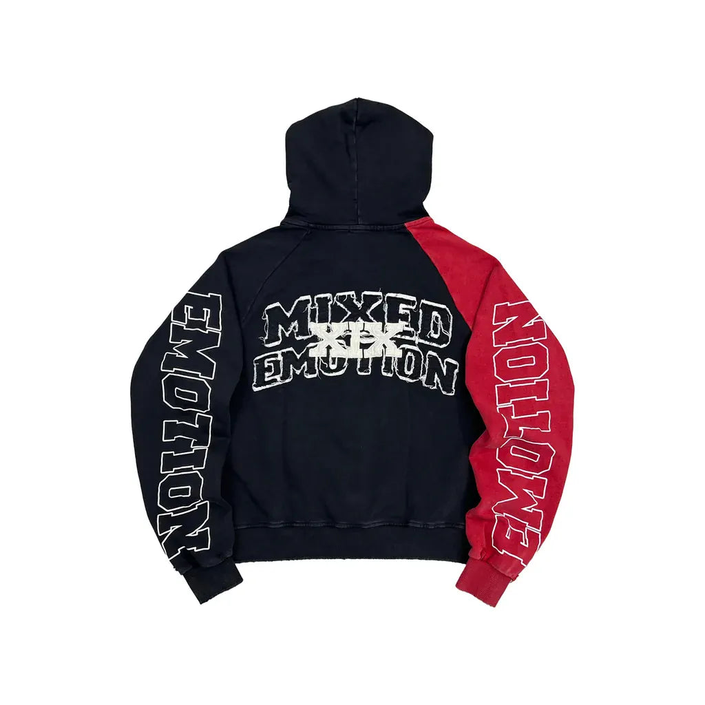 Red Mixed Emotions "Split Decision" hoodie featuring a bold graphic design and casual hoodie style.