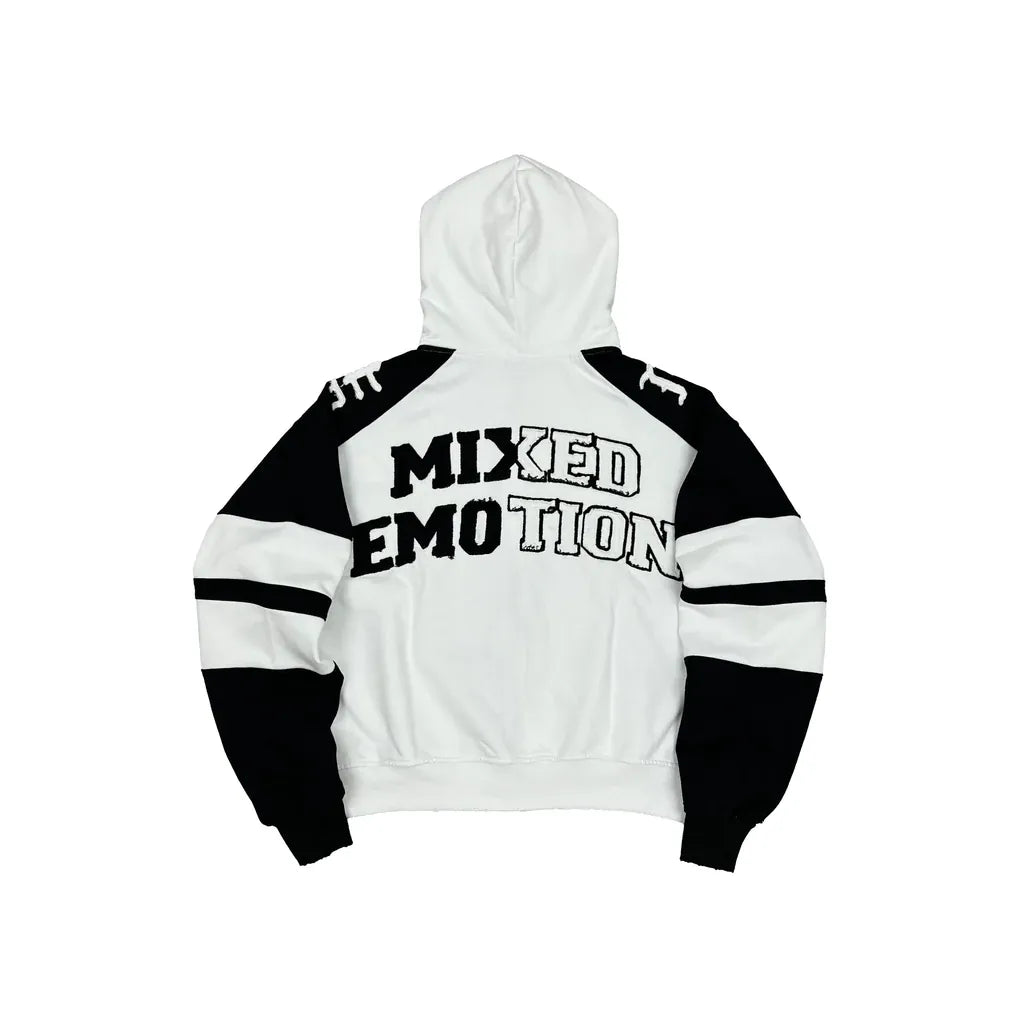 Mixed Emotions varsity hoodie featuring bold lettering and a classic athletic style, shown in a front view.