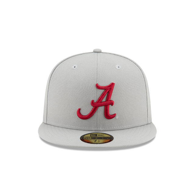 New Era Alabama Crimson Tide 59FIFTY fitted hat in red with logo, showcasing a structured design and flat brim.