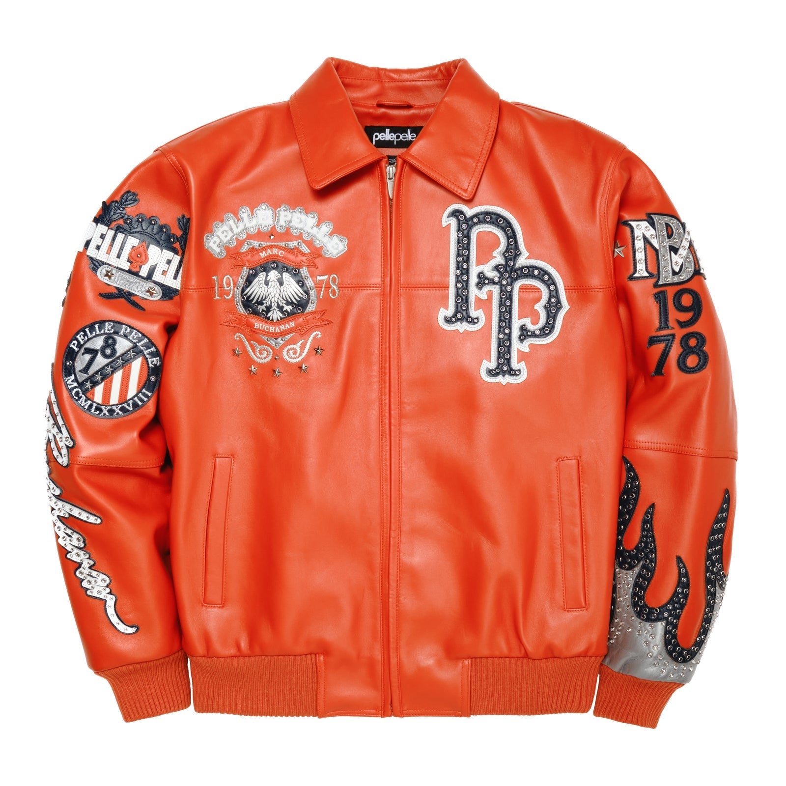 Pelle Pelle World Famous jacket in vibrant orange, featuring a stylish design and high-quality material.