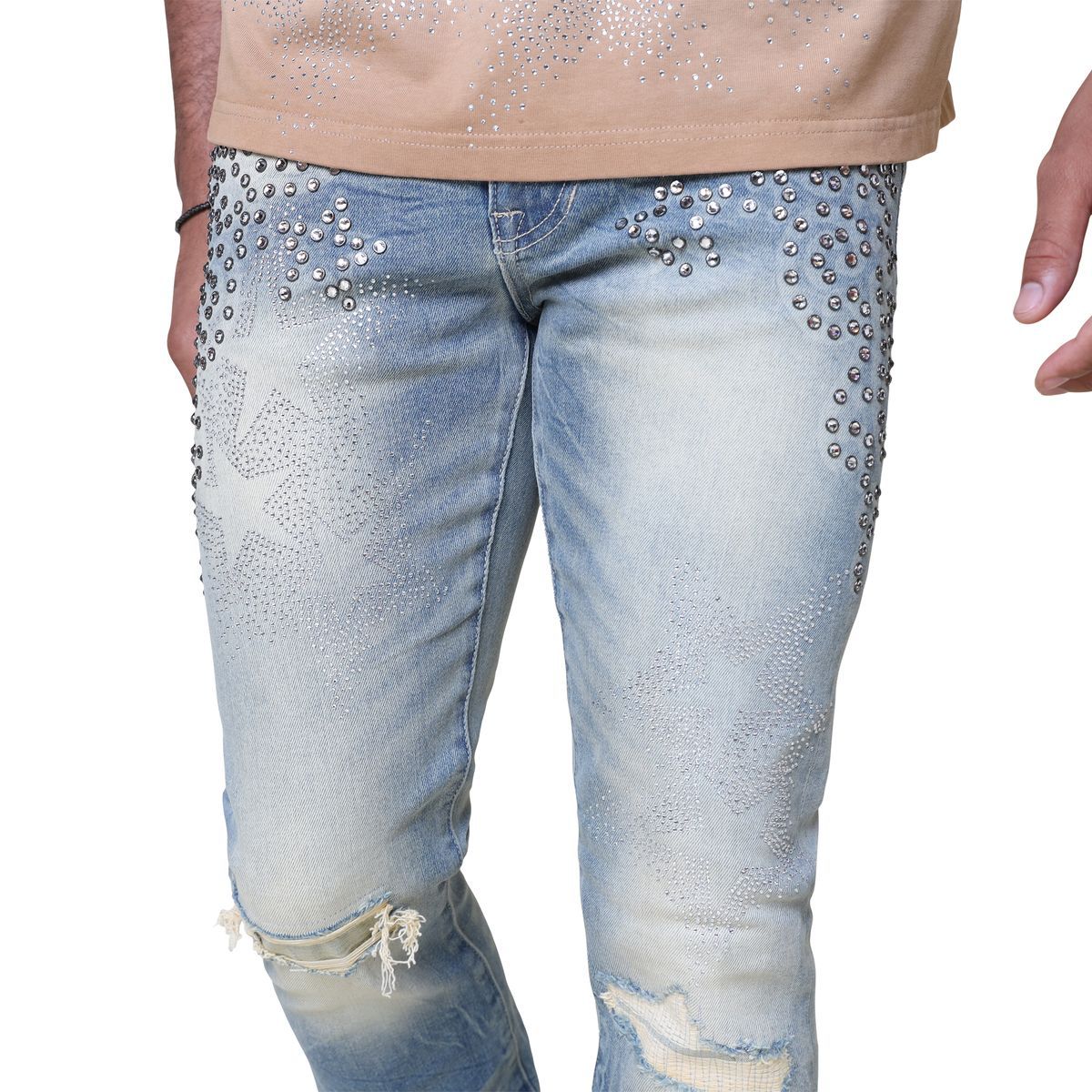 Smokerise Embellished Stacked Flare Jeans Blue.