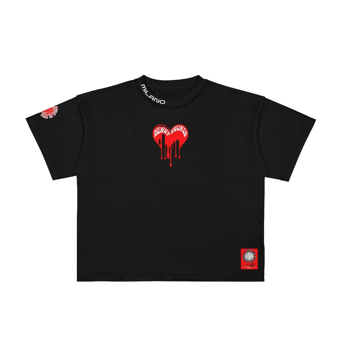 Black Premium Milano melted heart T-shirt featuring a graphic design on the front, casual fit, and soft cotton fabric.