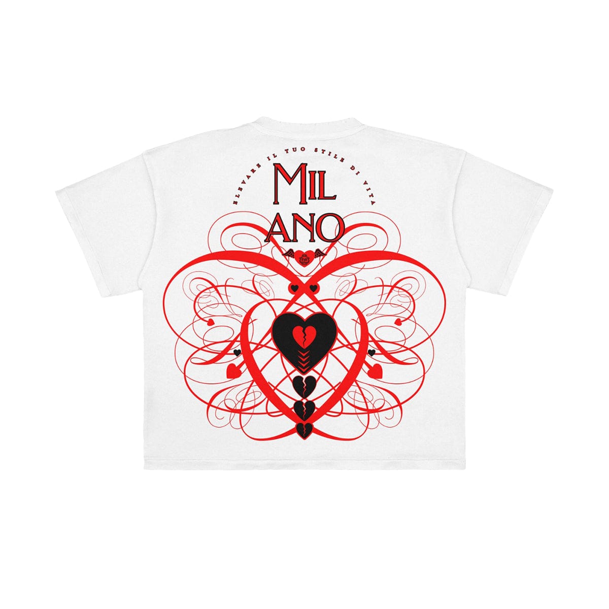 White Premium Milano Melted Heart T-Shirt featuring a bold melted heart graphic on the front.